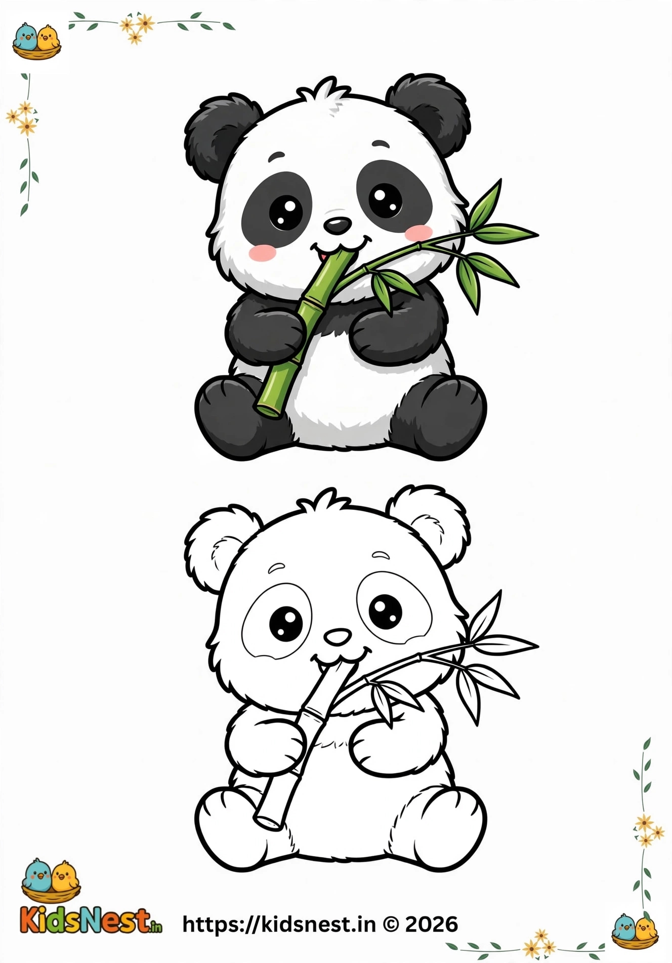 Cute Panda Eating Bamboo Coloring Page for Kids | Printable