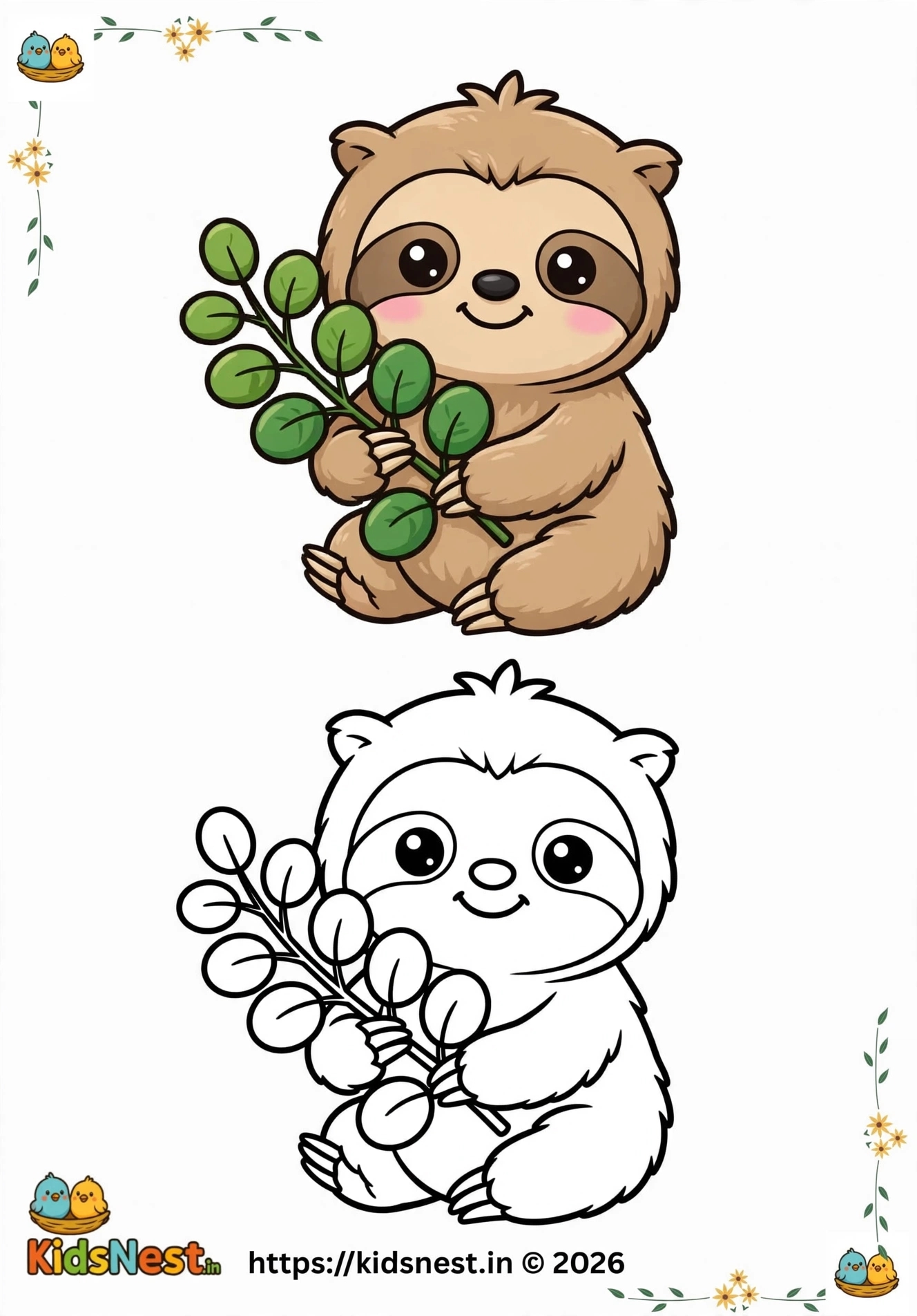 Printable Cute Sloth Coloring Page for Kids | Free PDF