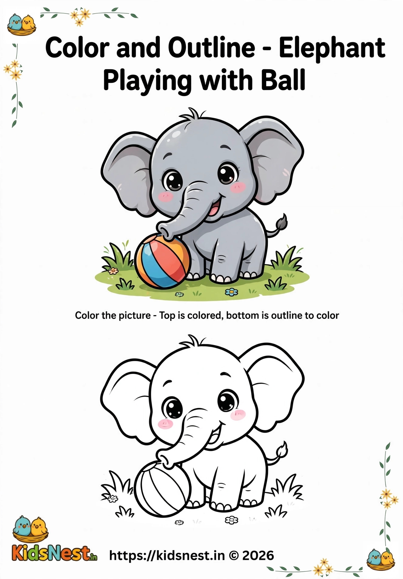 Printable Elephant Playing with Ball Coloring Page for Kids