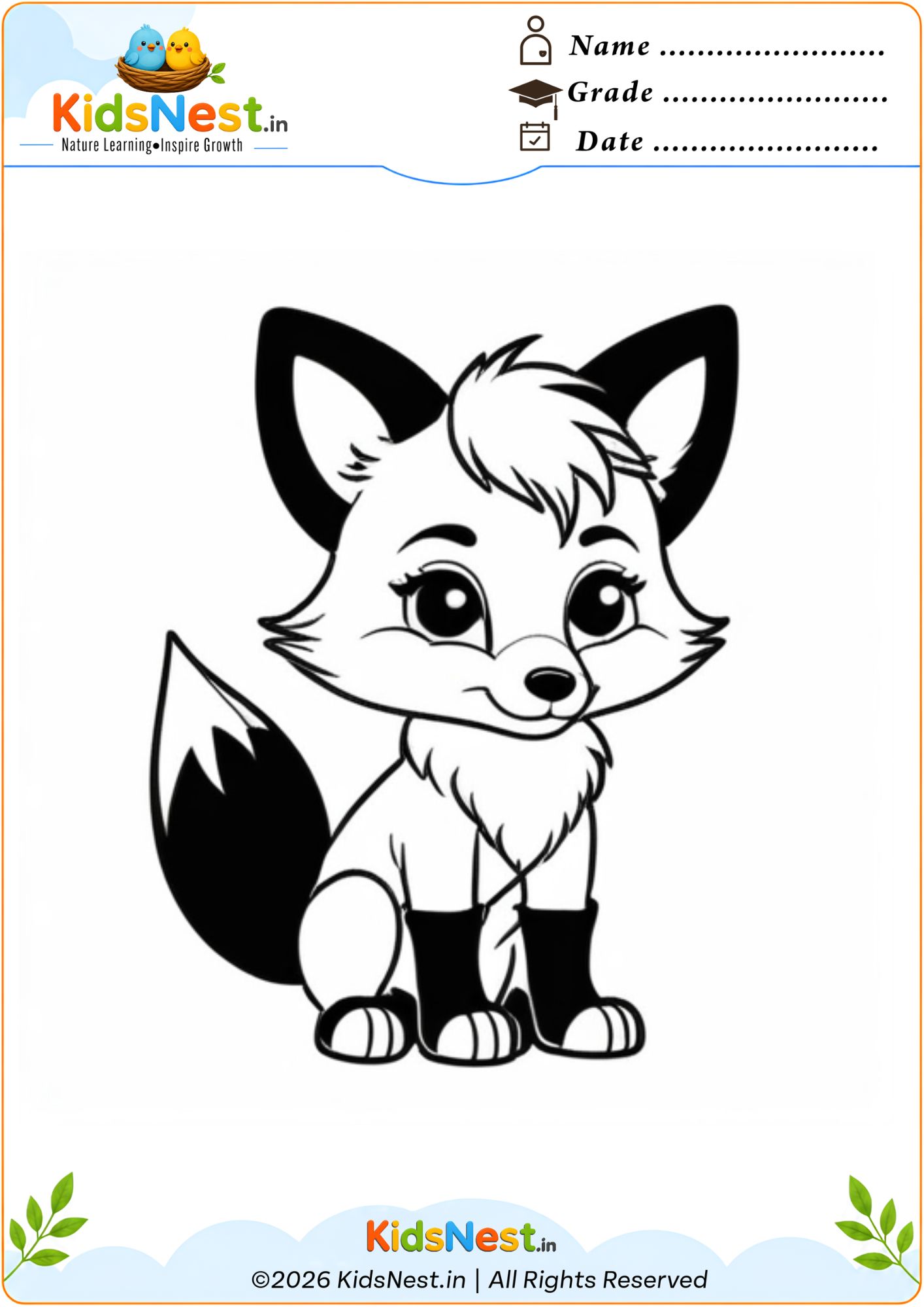Printable Cute Little Fox Coloring Page for Kids | Free PDF