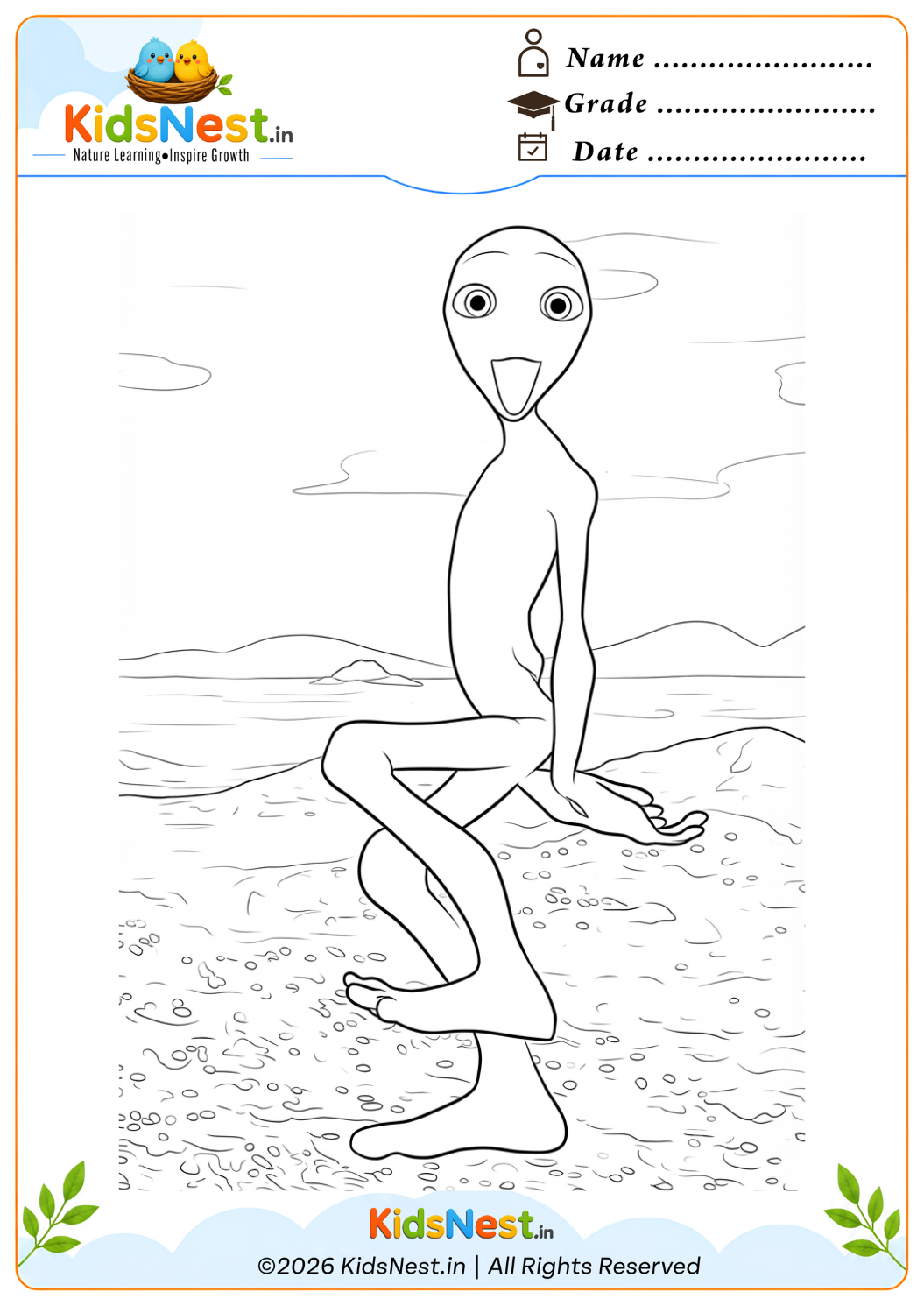 Free Printable Alien on the Beach Coloring Page for Kids