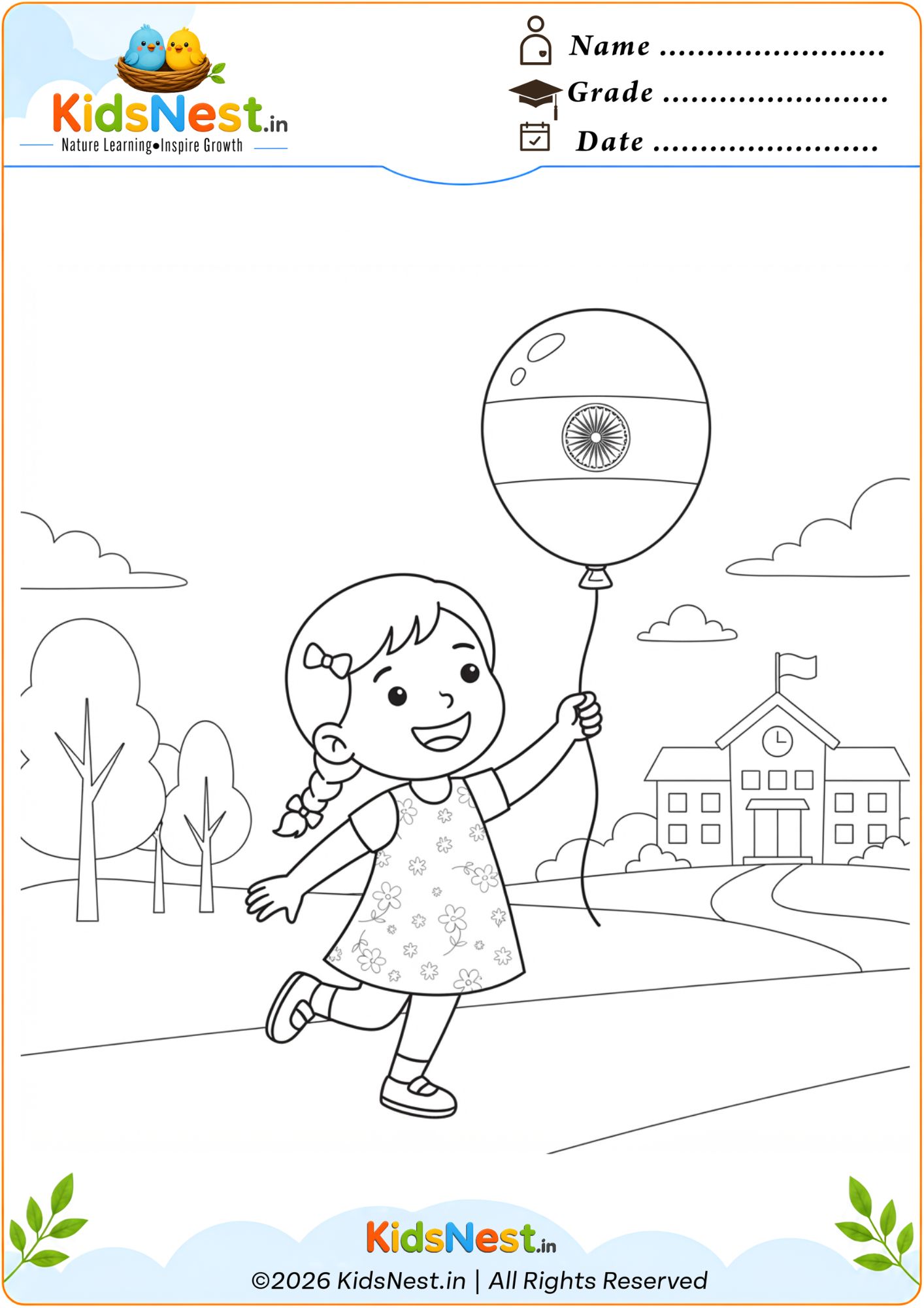 Printable Girl Holding Indian Flag Balloon Coloring Page