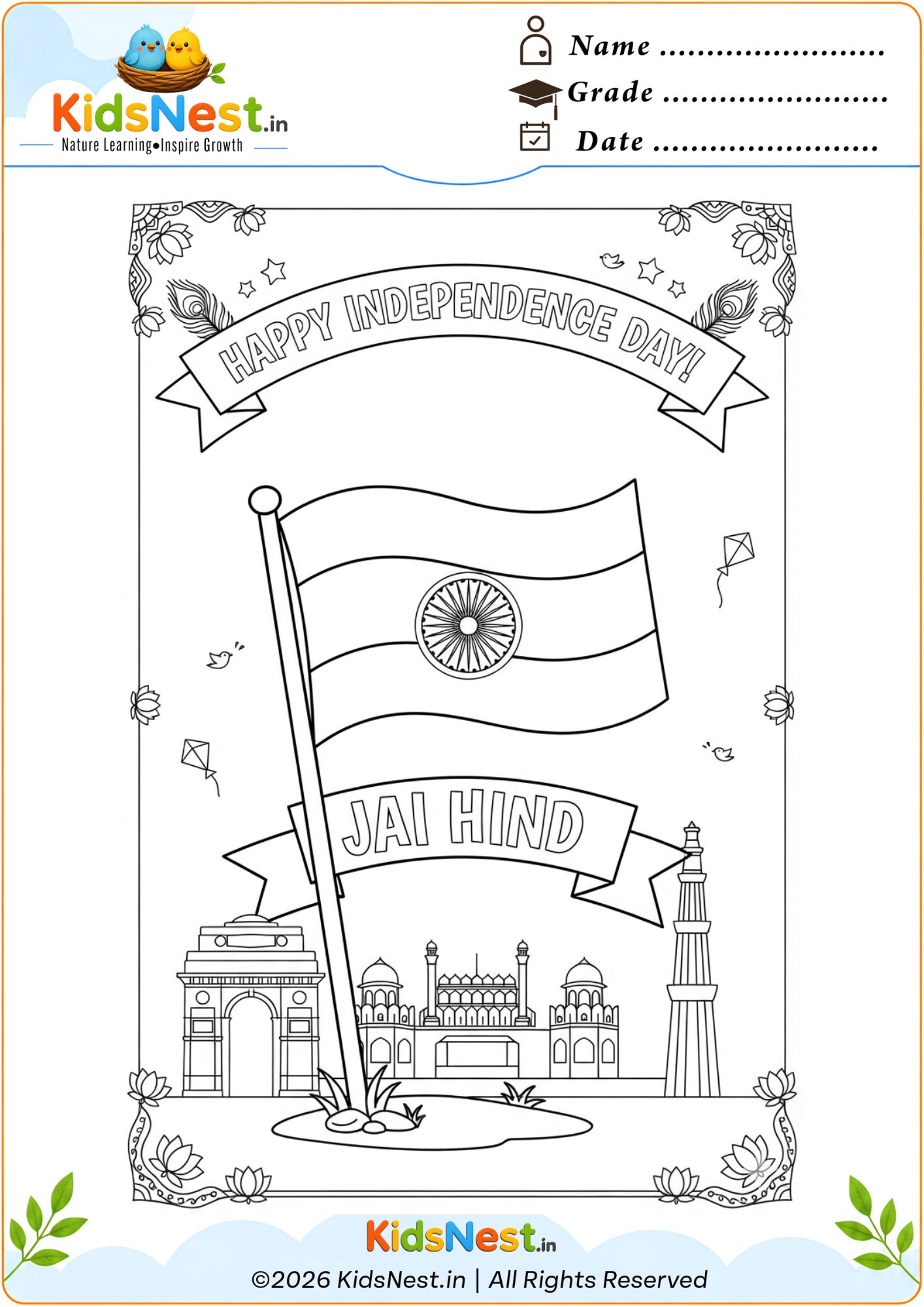 Happy Independence Day India Coloring Page for Kids | Printable