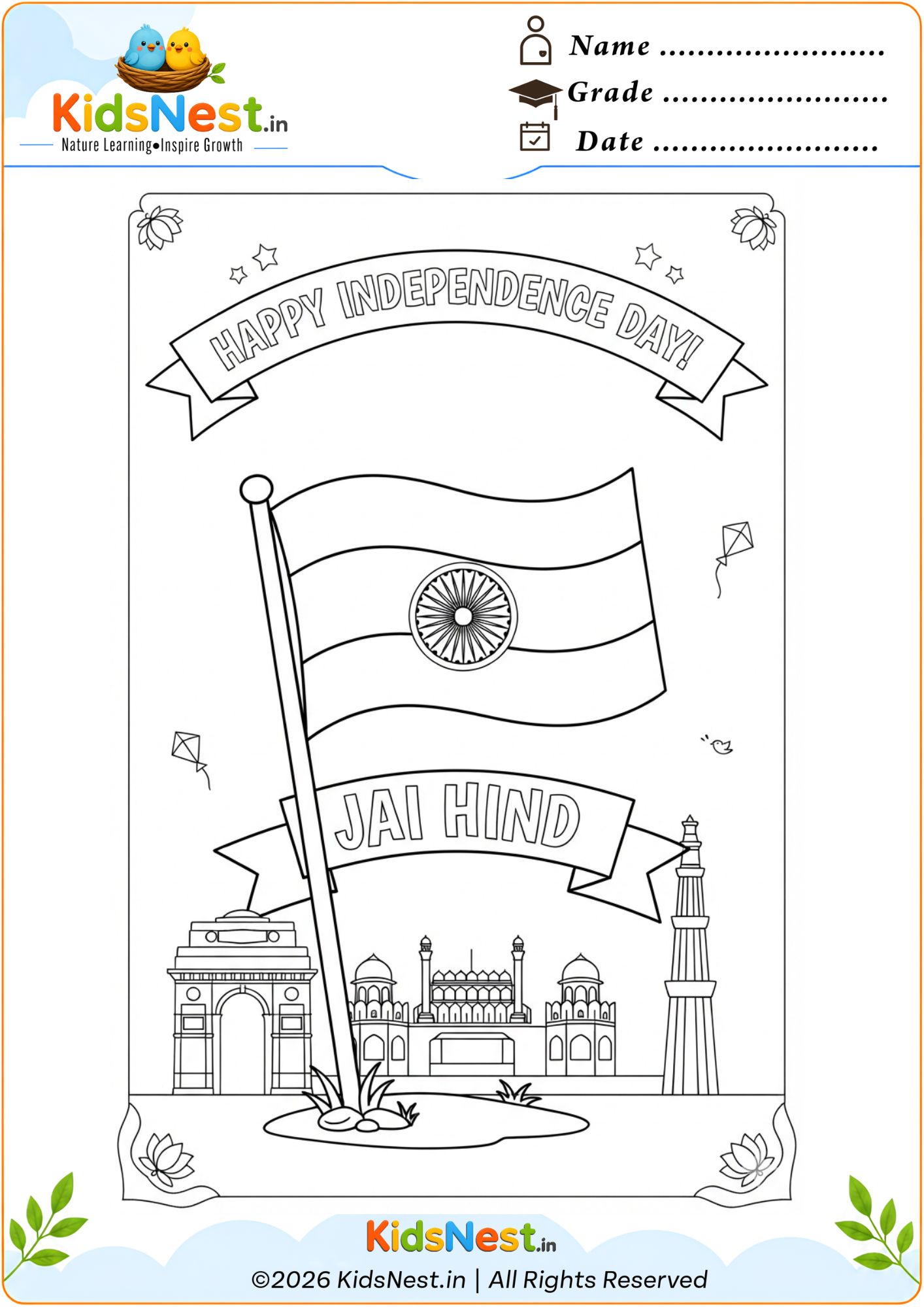 Printable Indian Flag Coloring Page for Kids | Independence Day