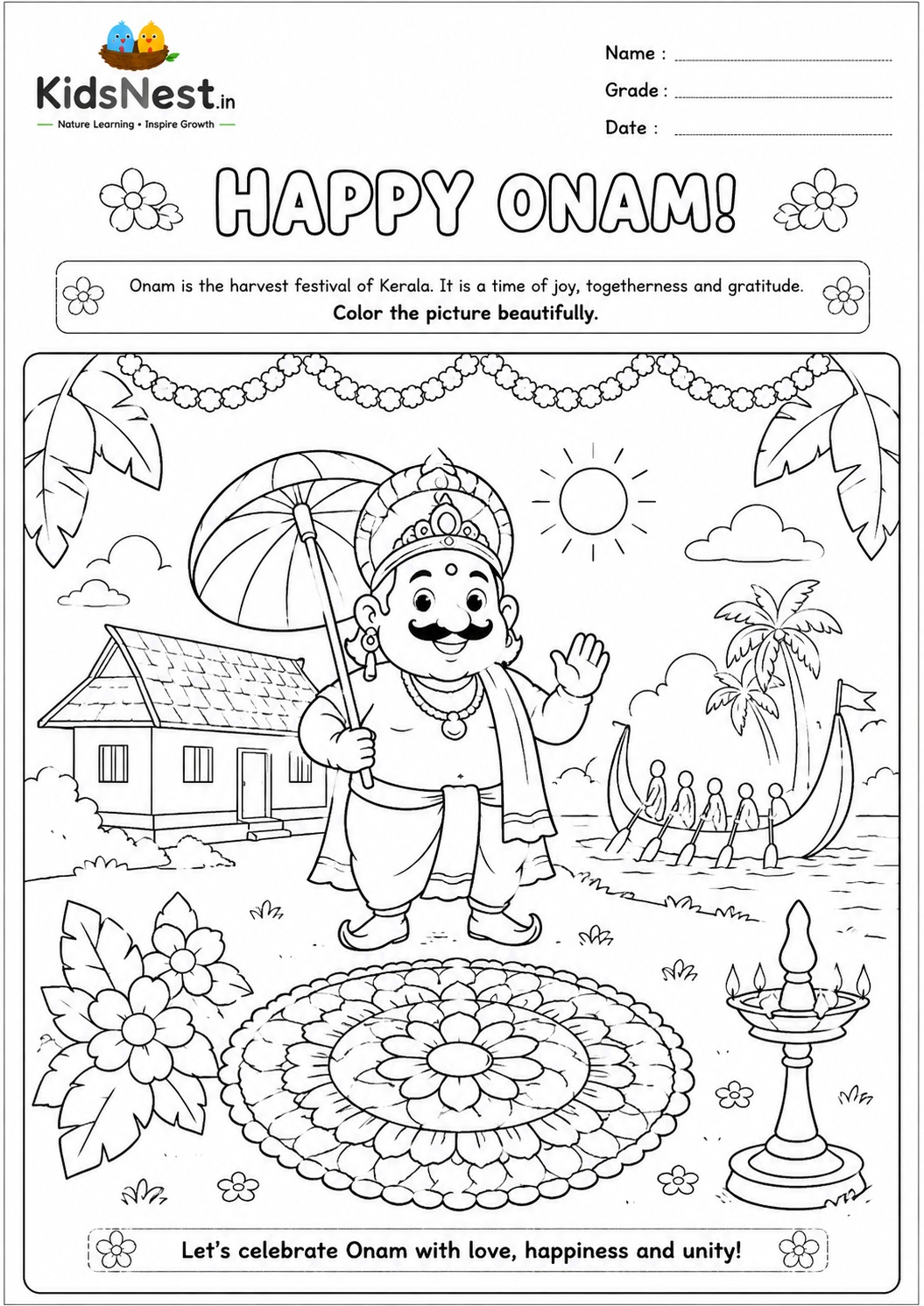 Happy Onam Coloring Page for Kids | Free Printable Worksheet