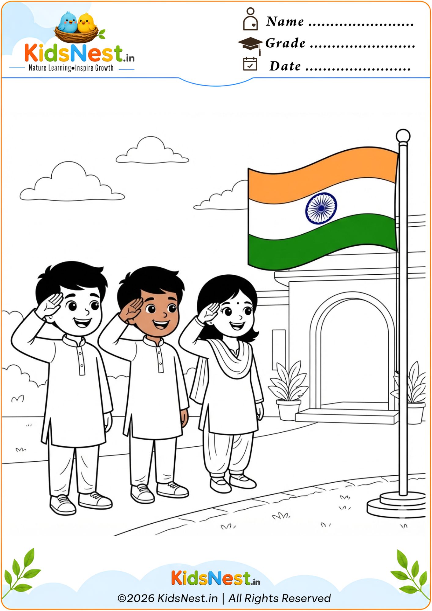Printable Indian Flag Saluting Coloring Page for Kids