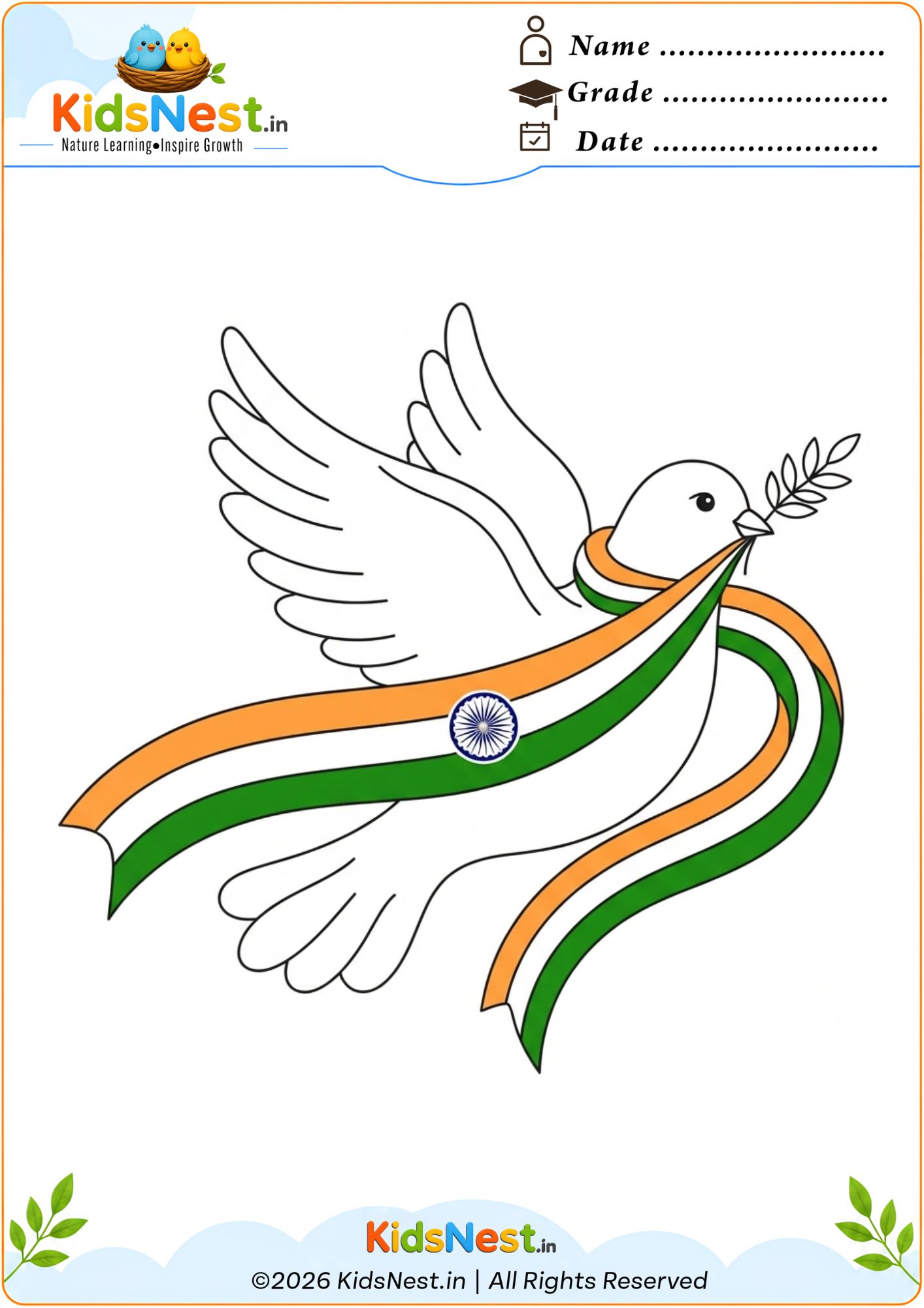 Printable Indian Tricolor Dove Coloring Page for Kids