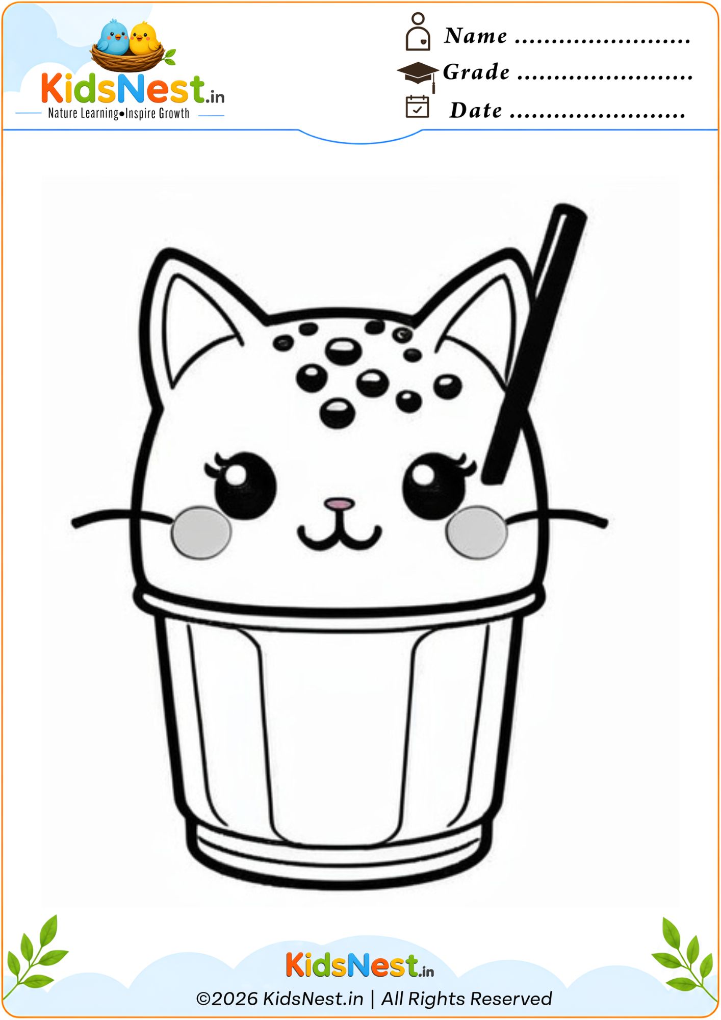 Kawaii Cat Boba Tea Coloring Page for Kids | Free Printable