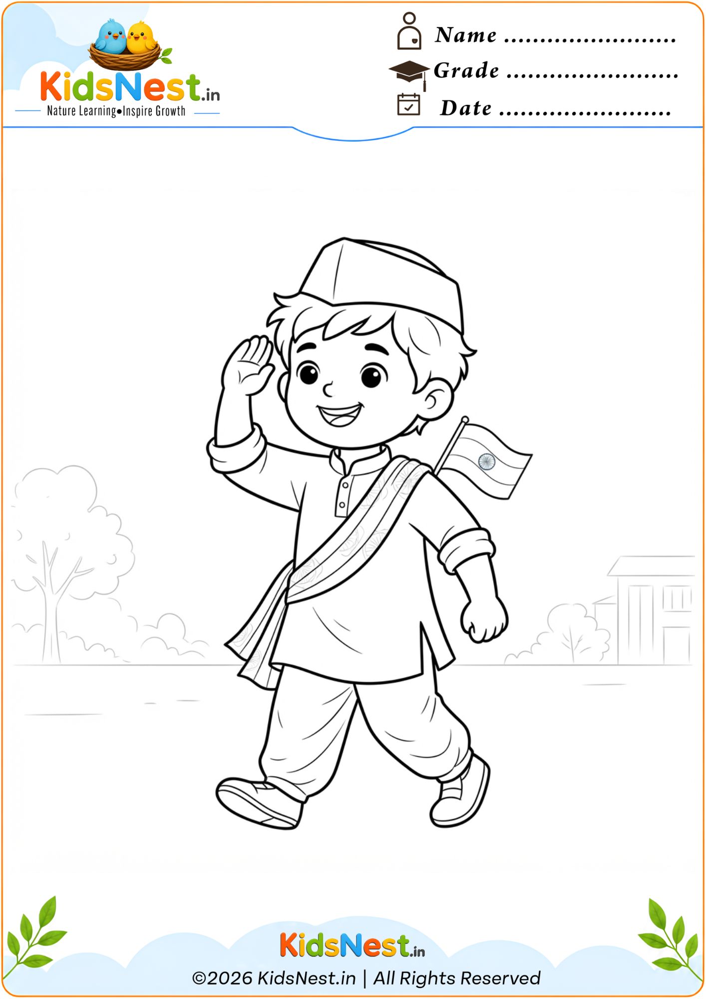 Patriotic Boy Saluting Indian Flag Coloring Page | Kids Activity