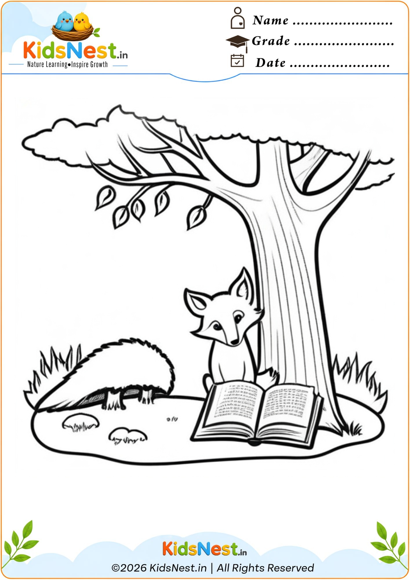 Free Printable Fox Reading a Book Coloring Page for Kids
