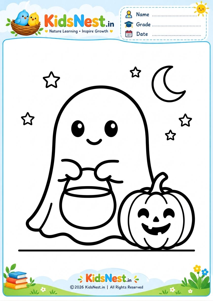 Free Printable Friendly Ghost with Pumpkin Coloring Page for Kids