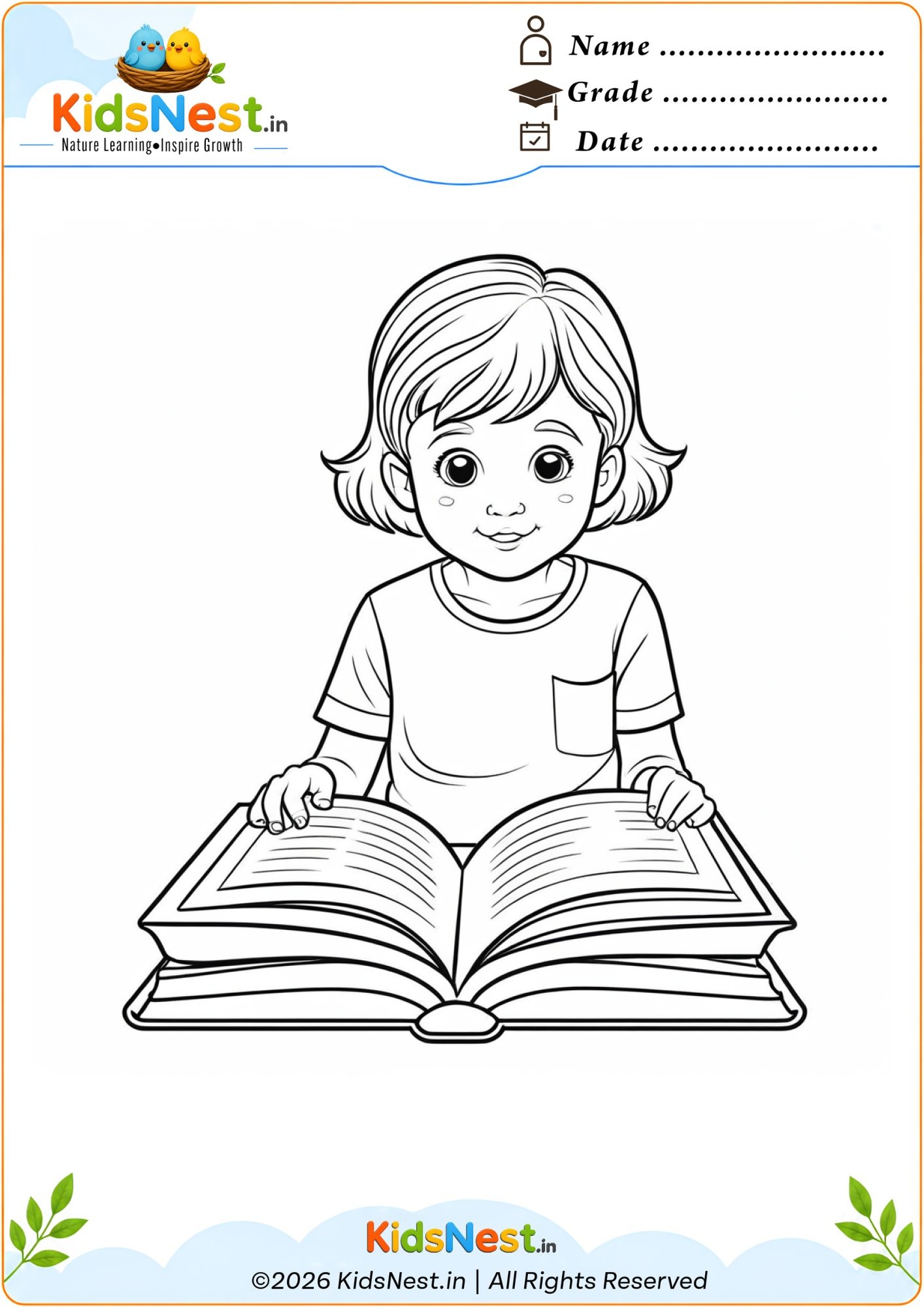Free Printable Coloring Page: Girl Reading a Book | Kids Activity