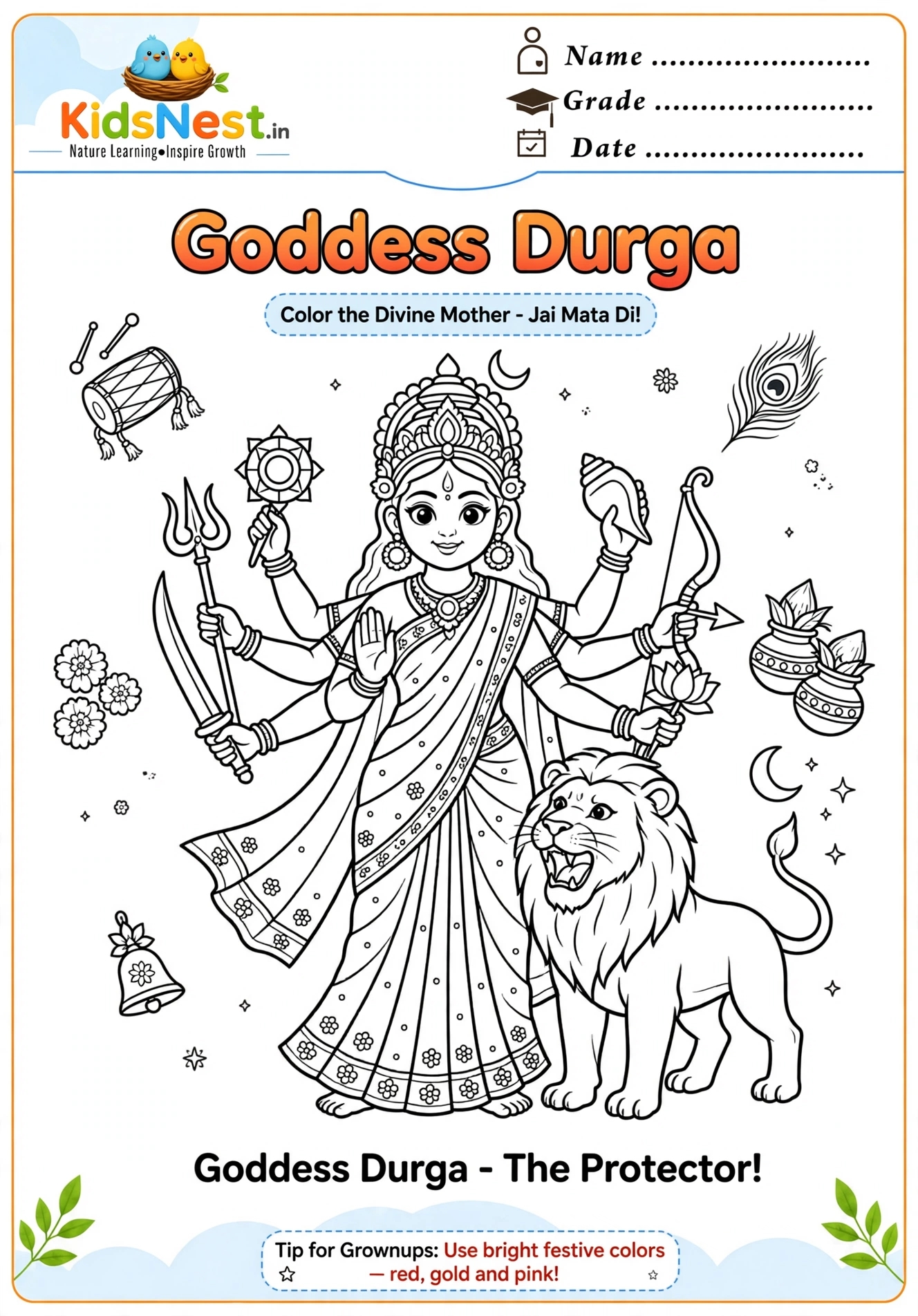 Printable Goddess Durga and Lion Coloring Page for Kids