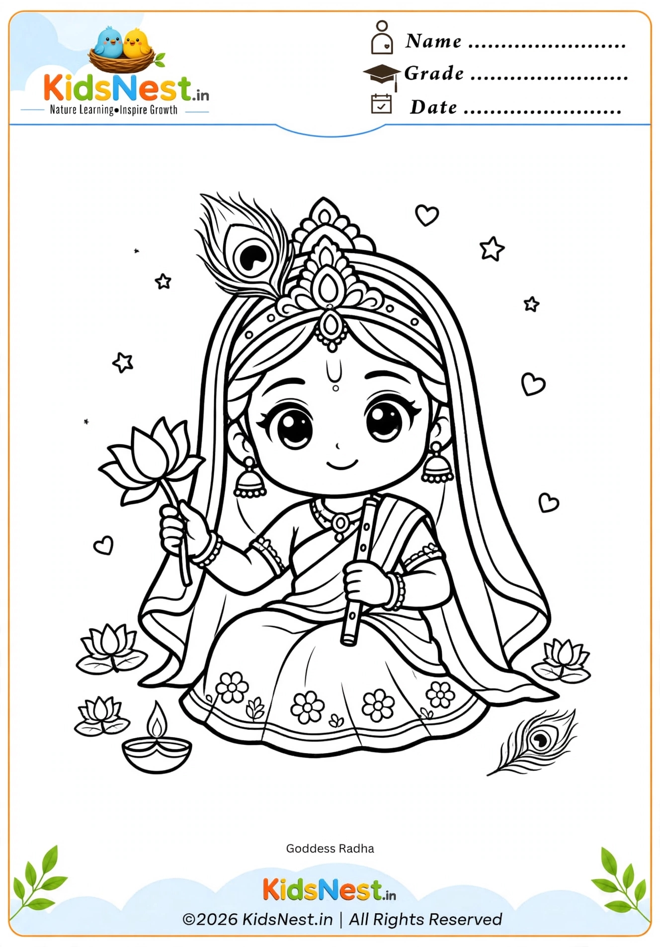 Printable Goddess Radha Coloring Page for Kids | Educational Art