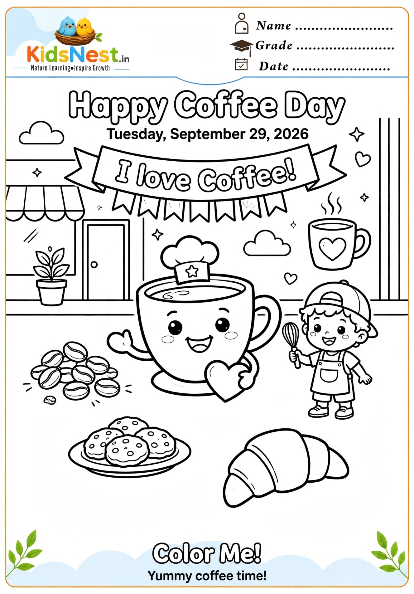 Free Happy Coffee Day Coloring Page for Kids | Printable PDF