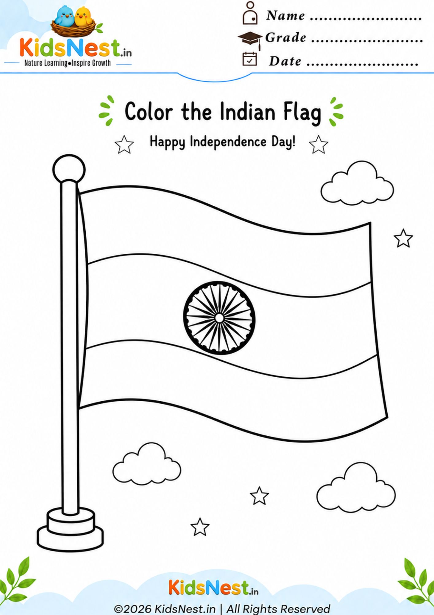 Printable Indian Flag Coloring Page for Kids | Independence Day