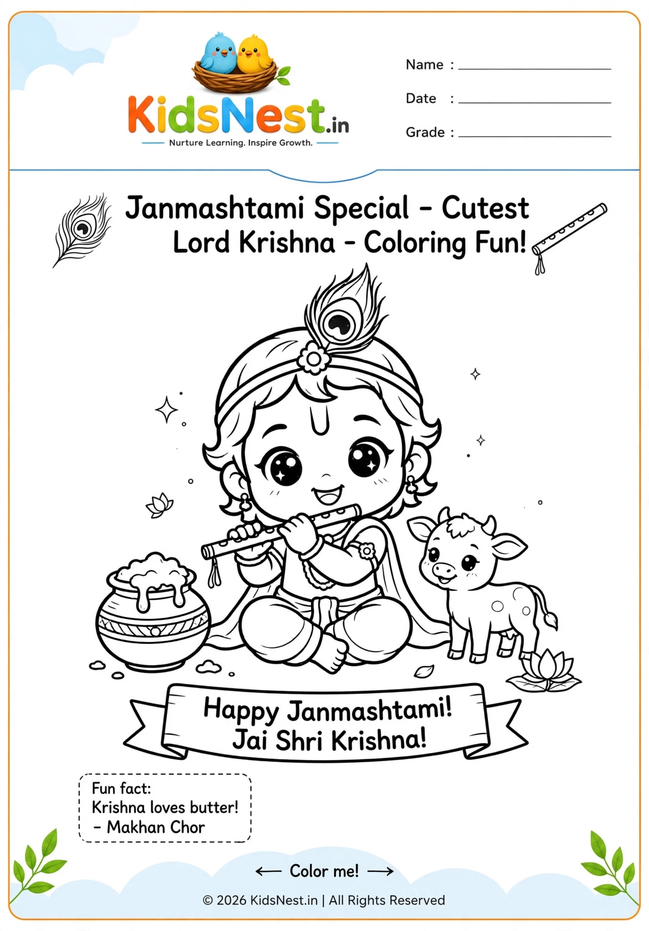 Cute Lord Krishna Coloring Page for Kids | Printable Activity