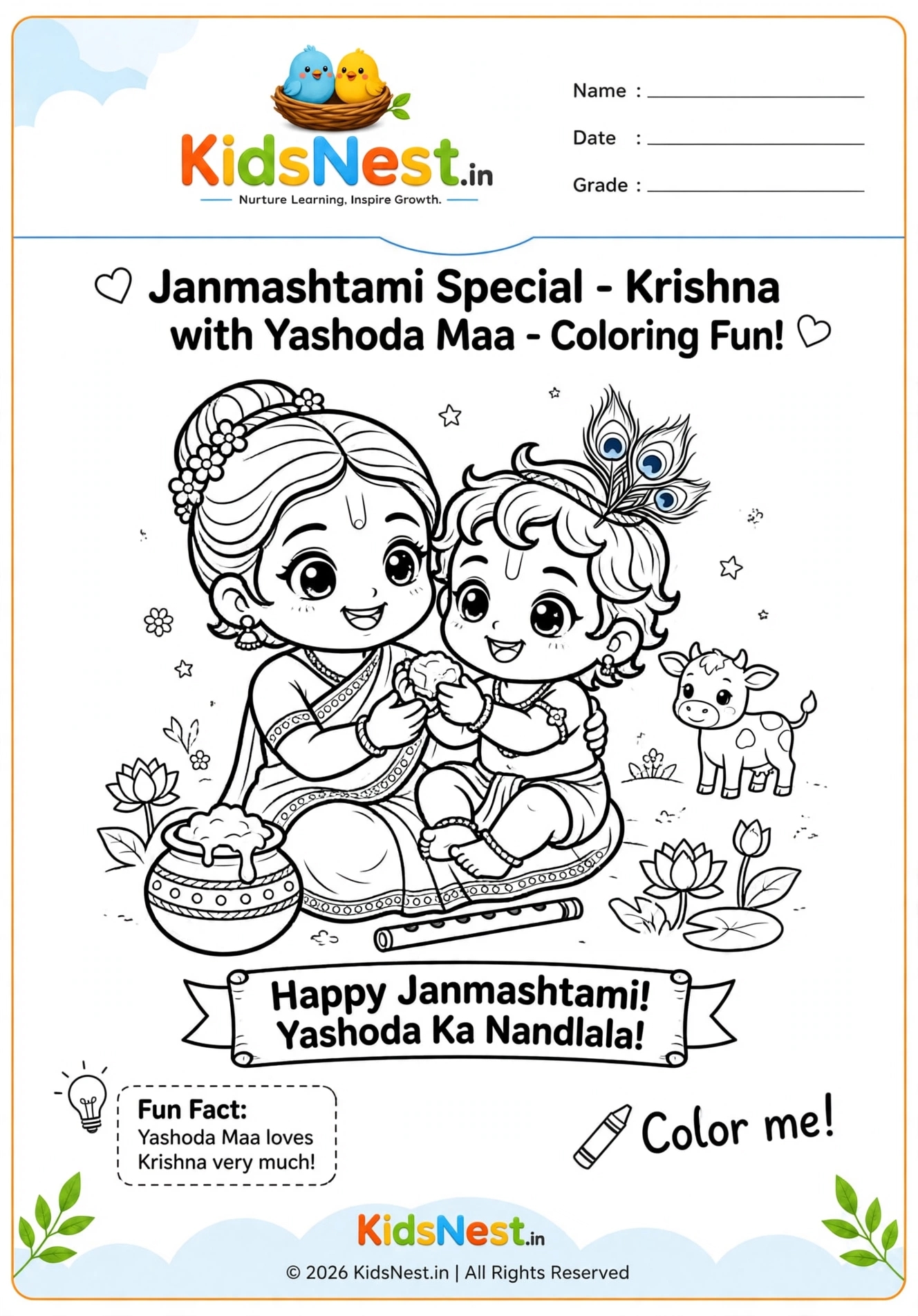 Krishna and Yashoda Coloring Page for Kids | Janmashtami Printables