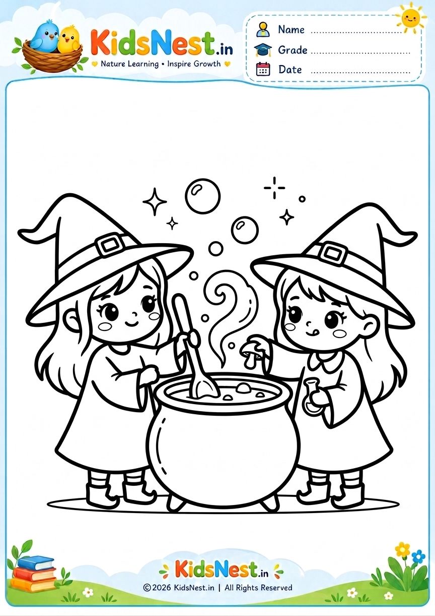 Little Witches Brewing a Potion Coloring Page | Free Printable