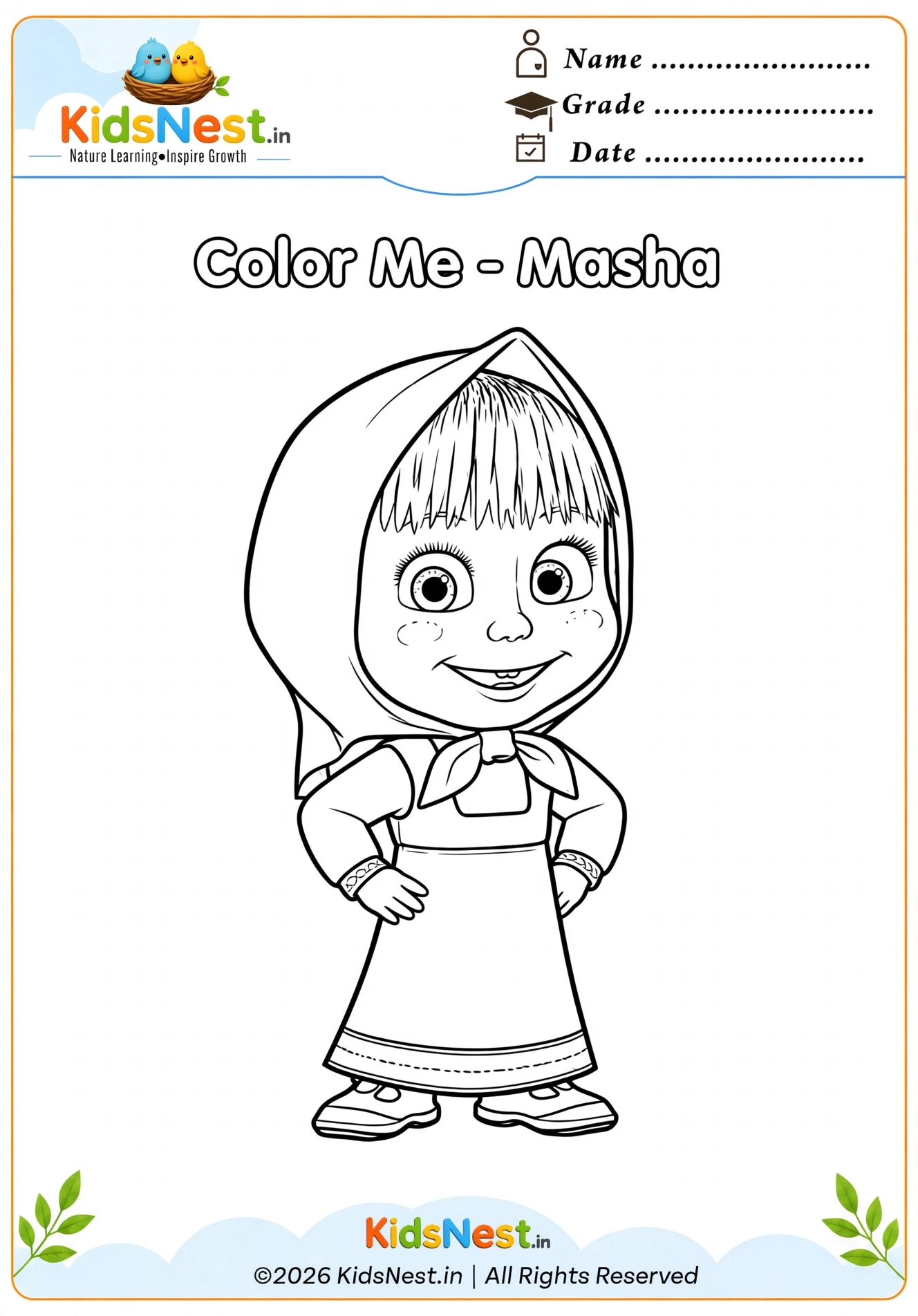 Free Printable Masha Coloring Page for Kids | Educational Activity