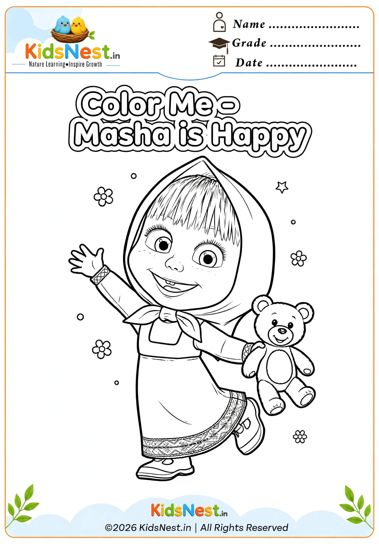Masha is Happy Coloring Page | Free Printable for Kids