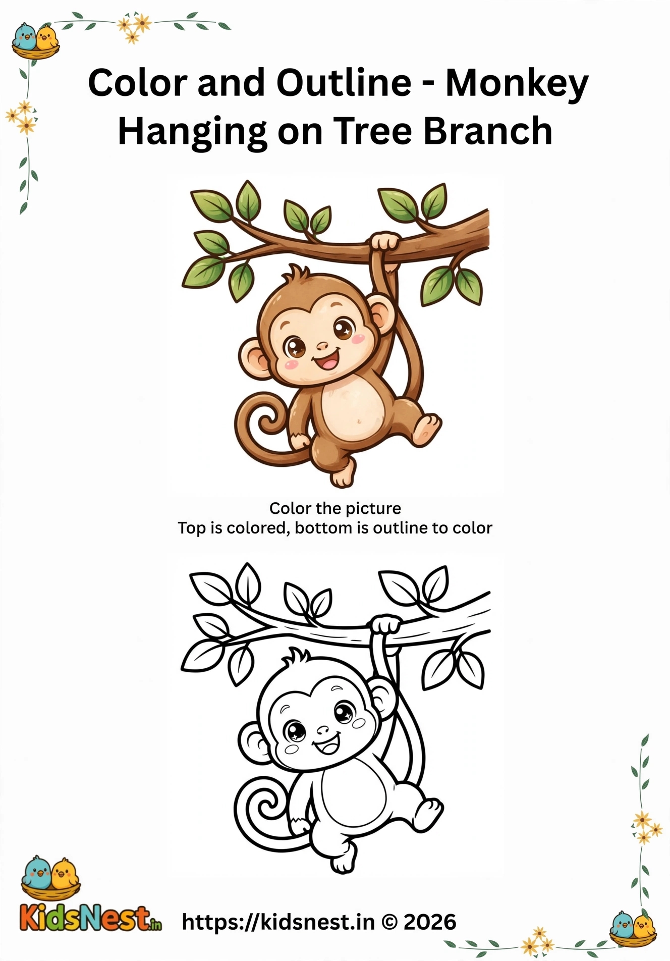 Printable Monkey on Tree Branch Coloring Page for Kids