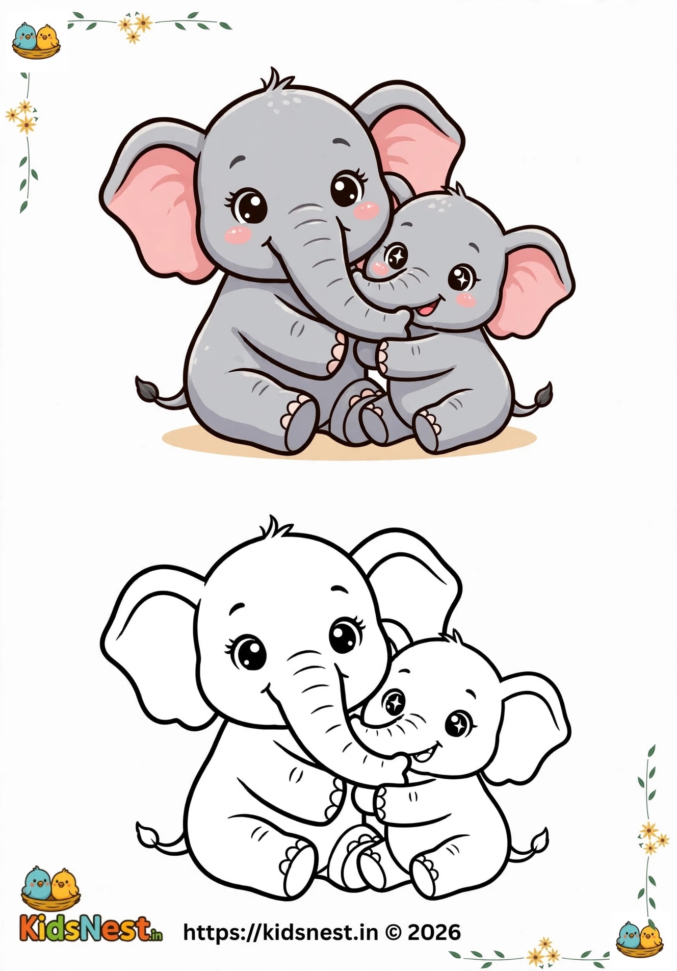Printable Mother and Baby Elephant Coloring Page for Kids