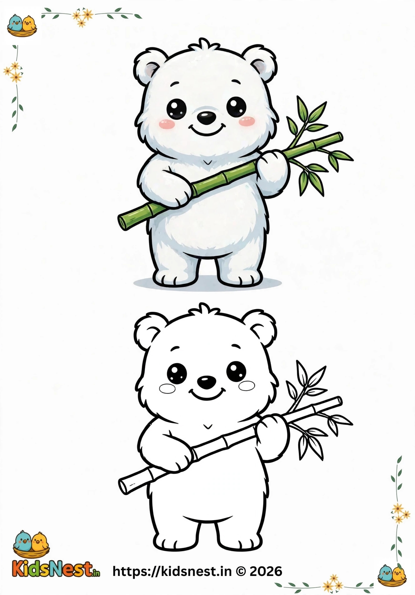 Cute Bear Holding Bamboo Coloring Page | Printable for Kids