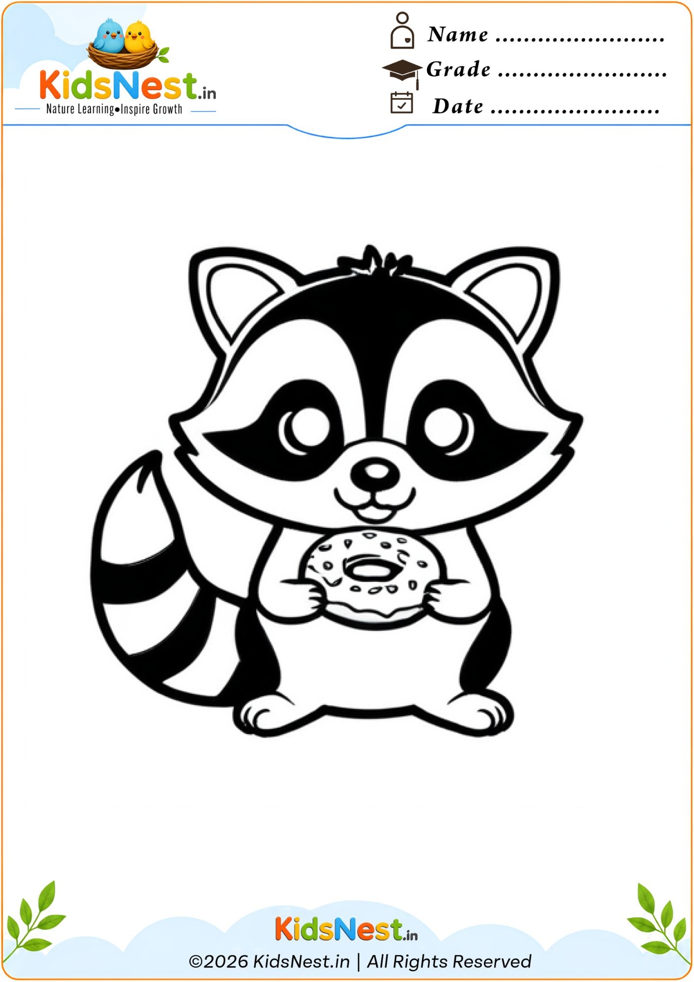 Cute Raccoon with Donut Coloring Page for Kids | Free Printable