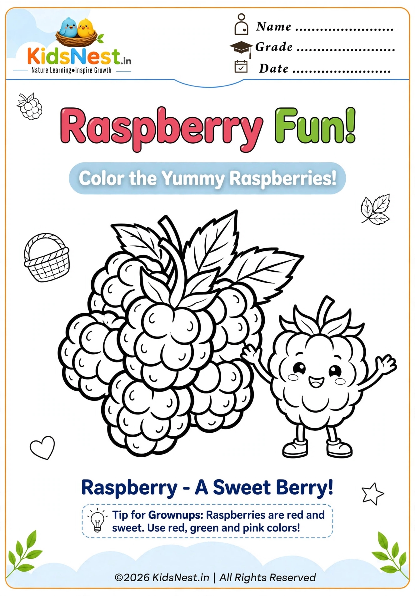 Free Printable Raspberry Coloring Page for Kids | Educational Fun