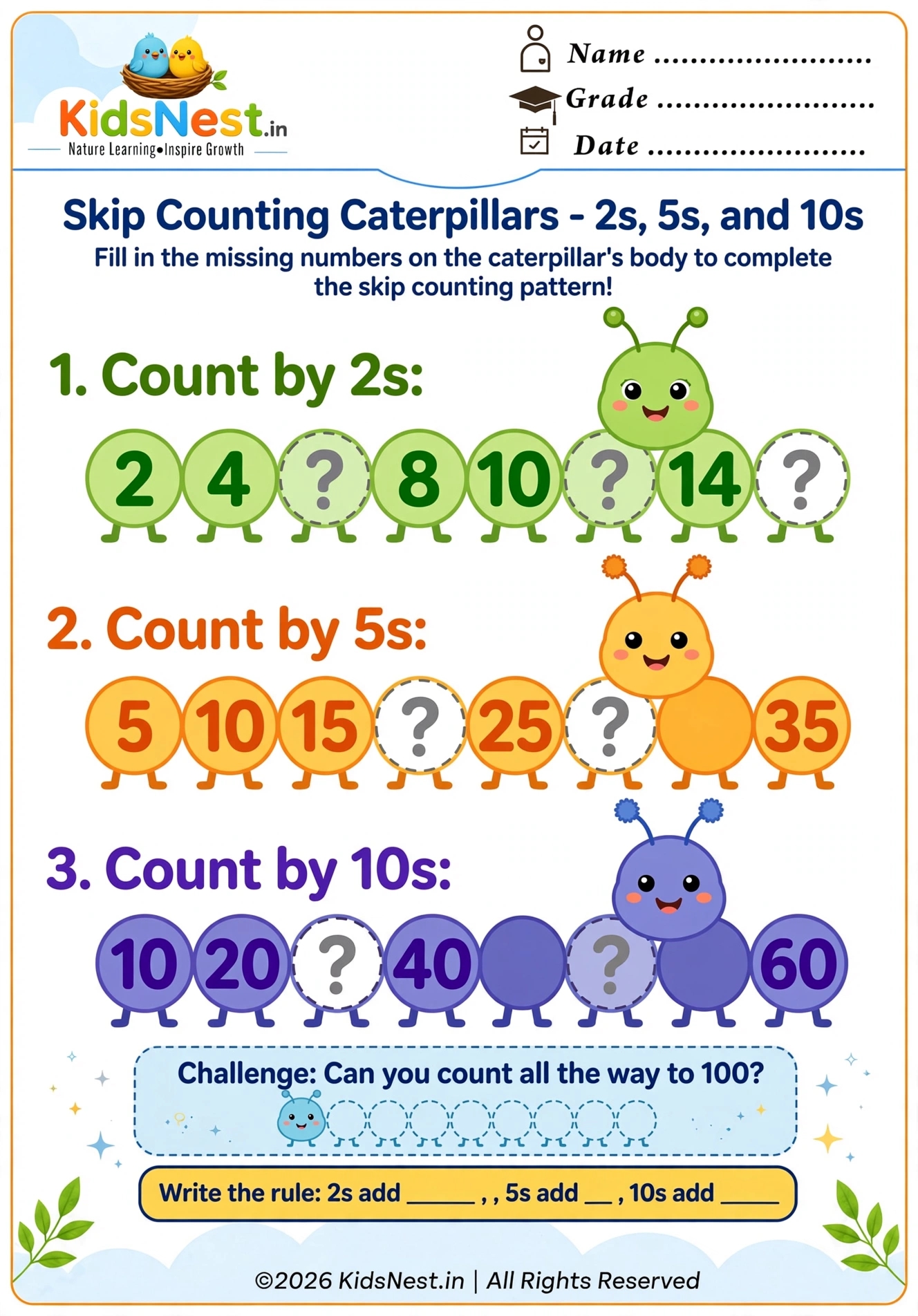 Skip Counting Caterpillars: Free Printable Math Worksheet