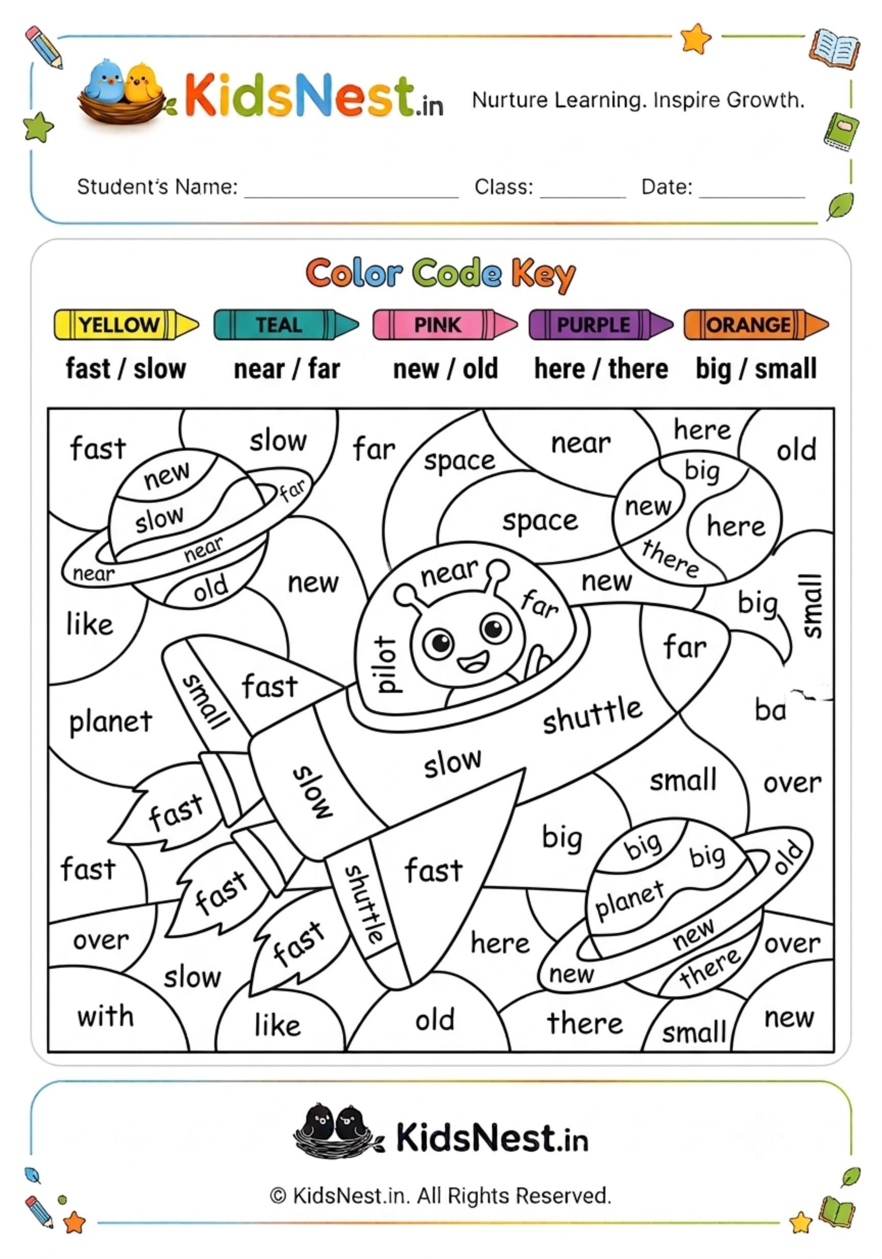 Space Vocabulary & Opposites Color Code Printable Worksheet