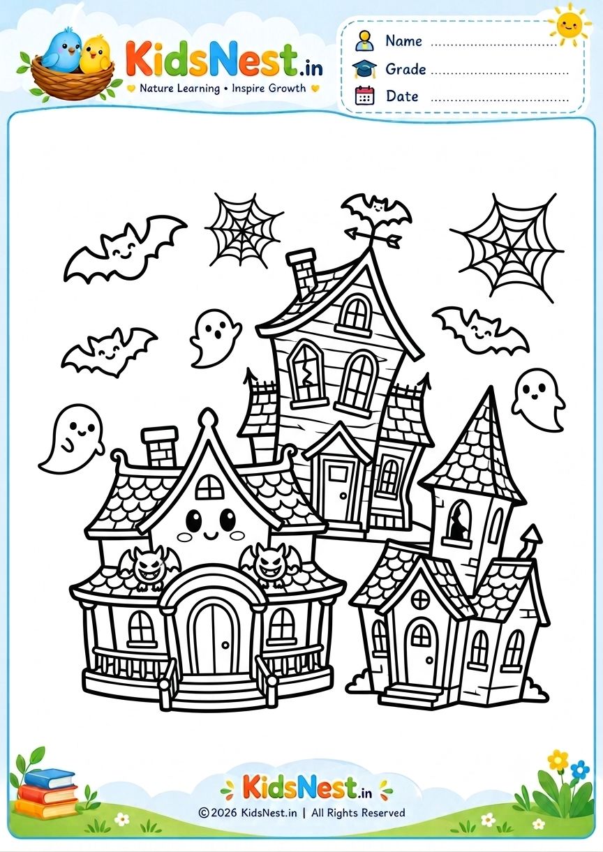 Printable Spooky Haunted House Coloring Page for Kids