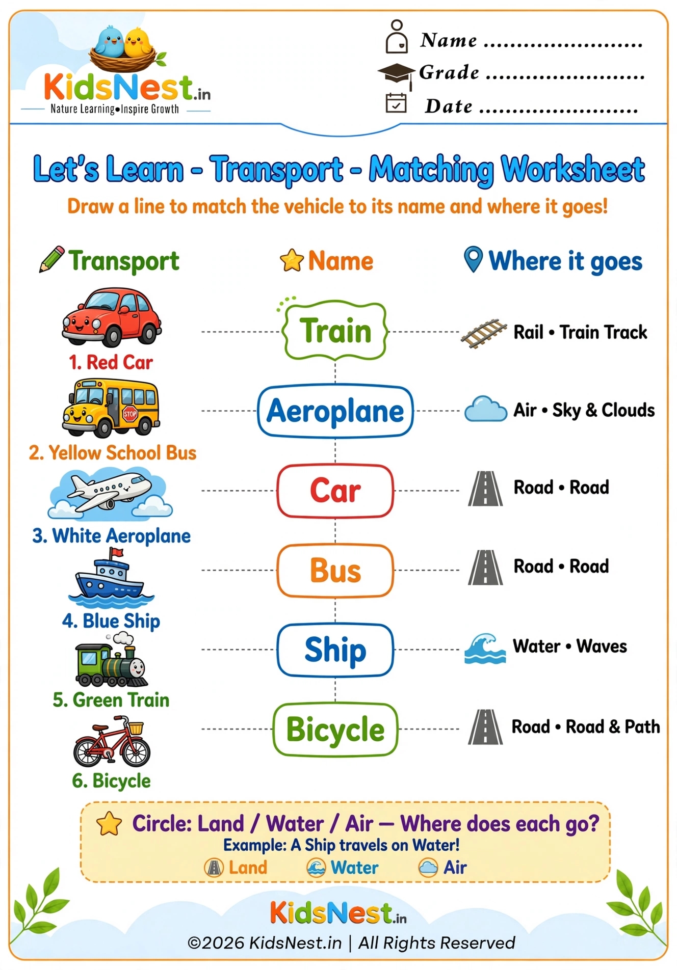 Transport Matching Coloring Page Worksheet for Kids | Printable