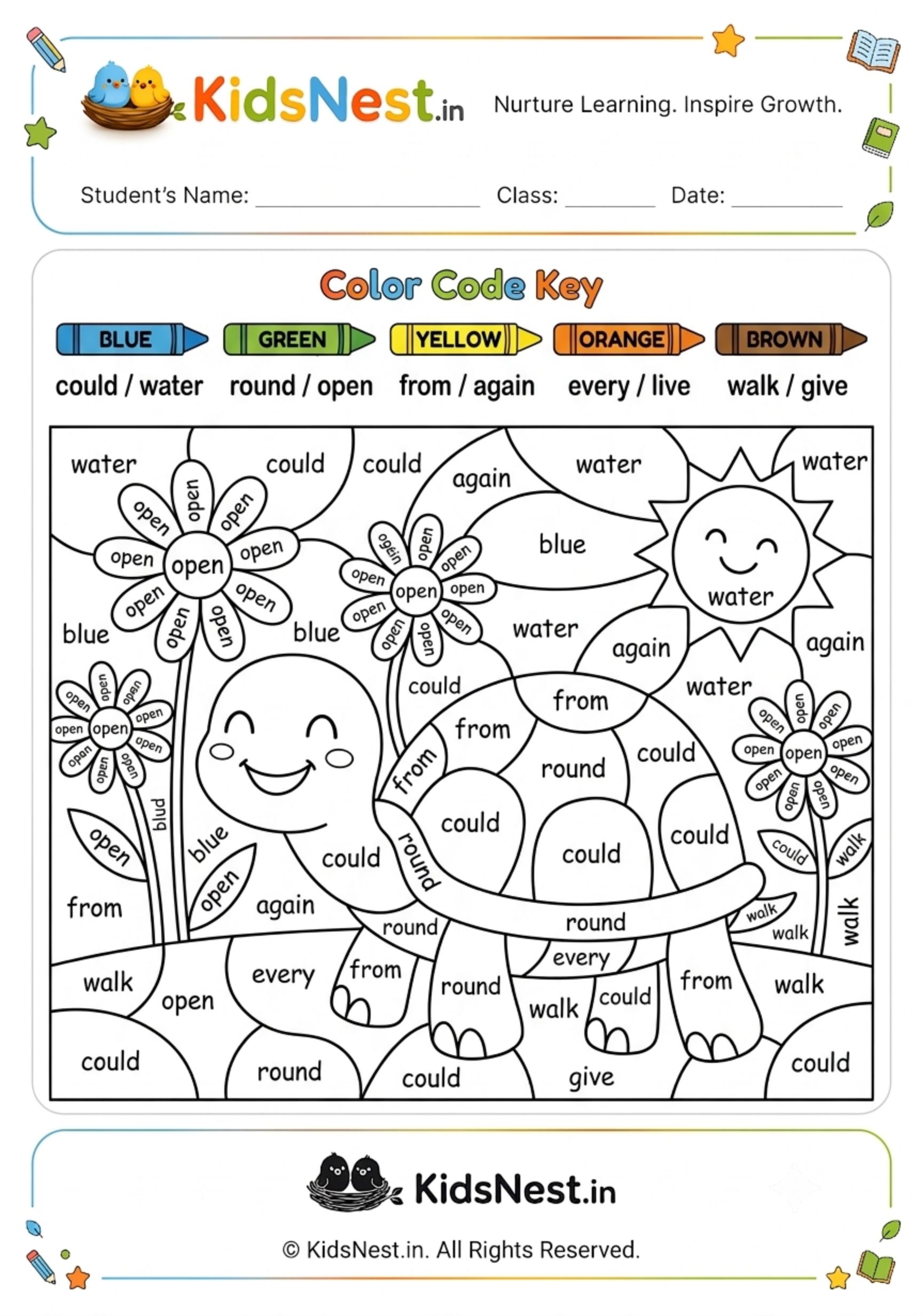 Turtle and Flowers Color-by-Sight-Word Printable Worksheet