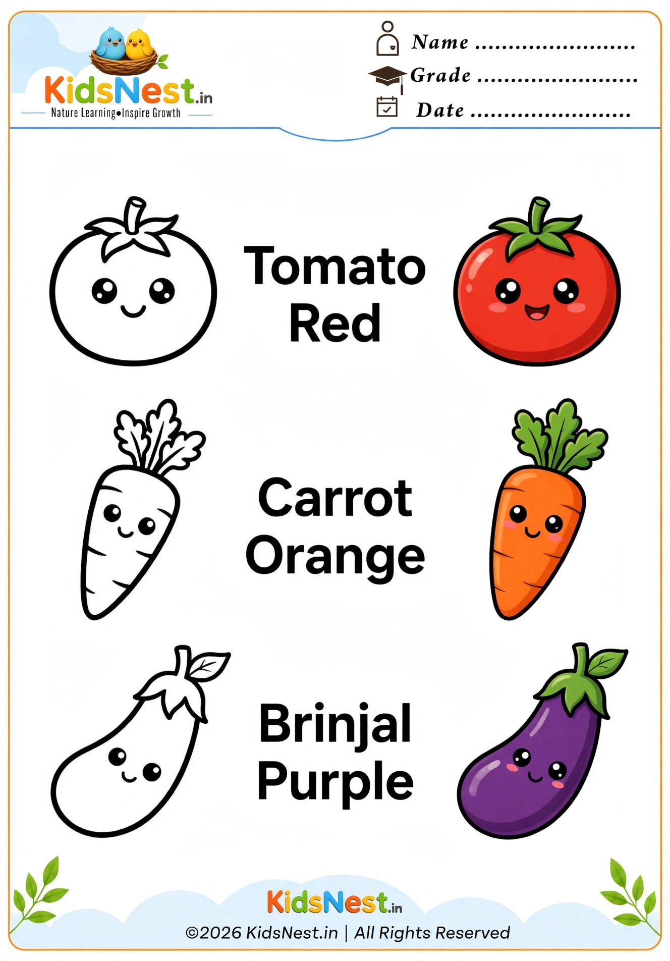 Vegetable Color Identification Coloring Page for Kids