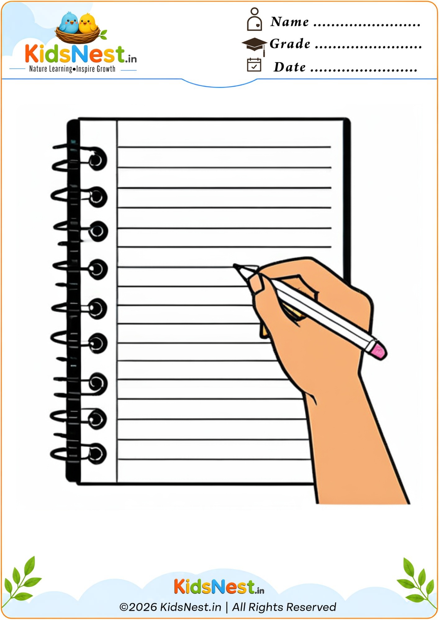 Free Printable Coloring Page: Writing in a Spiral Notebook