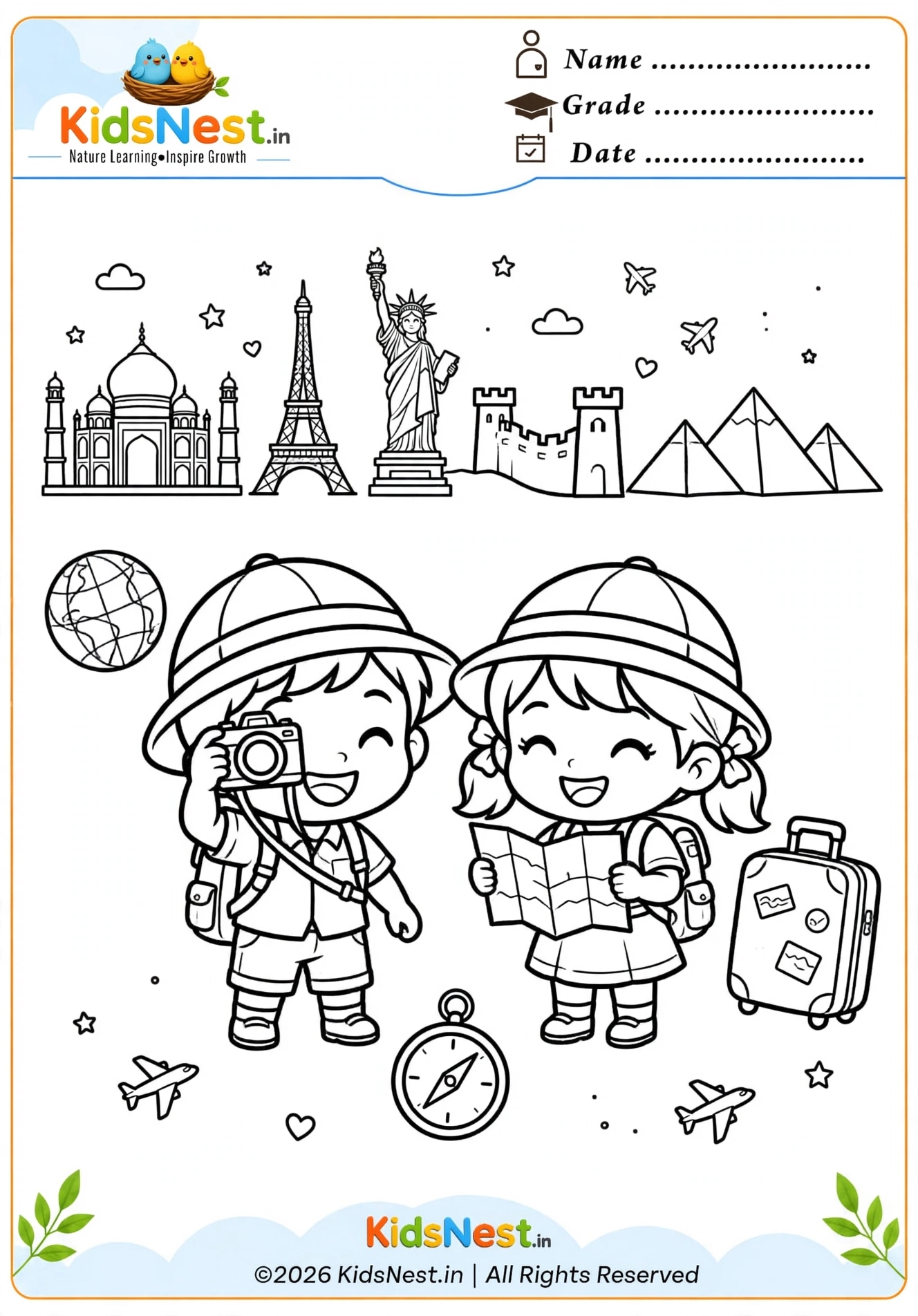 Printable Coloring Page: Young Travelers & World Landmarks