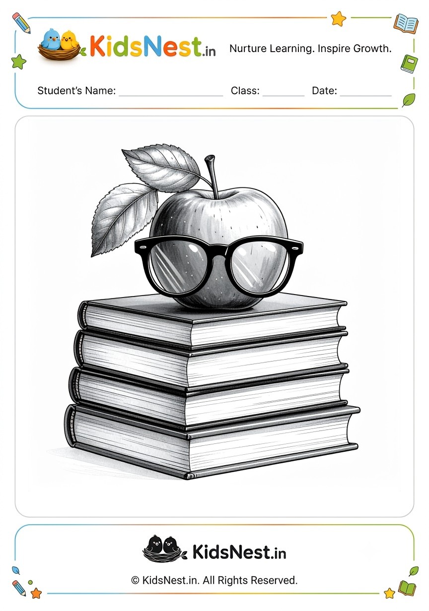Printable Apple and Books Coloring Worksheet for Kids