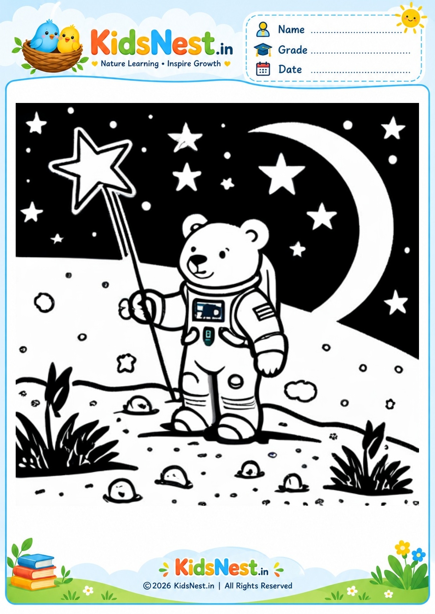 Astronaut Bear Coloring Worksheet for Kids | Printable PDF