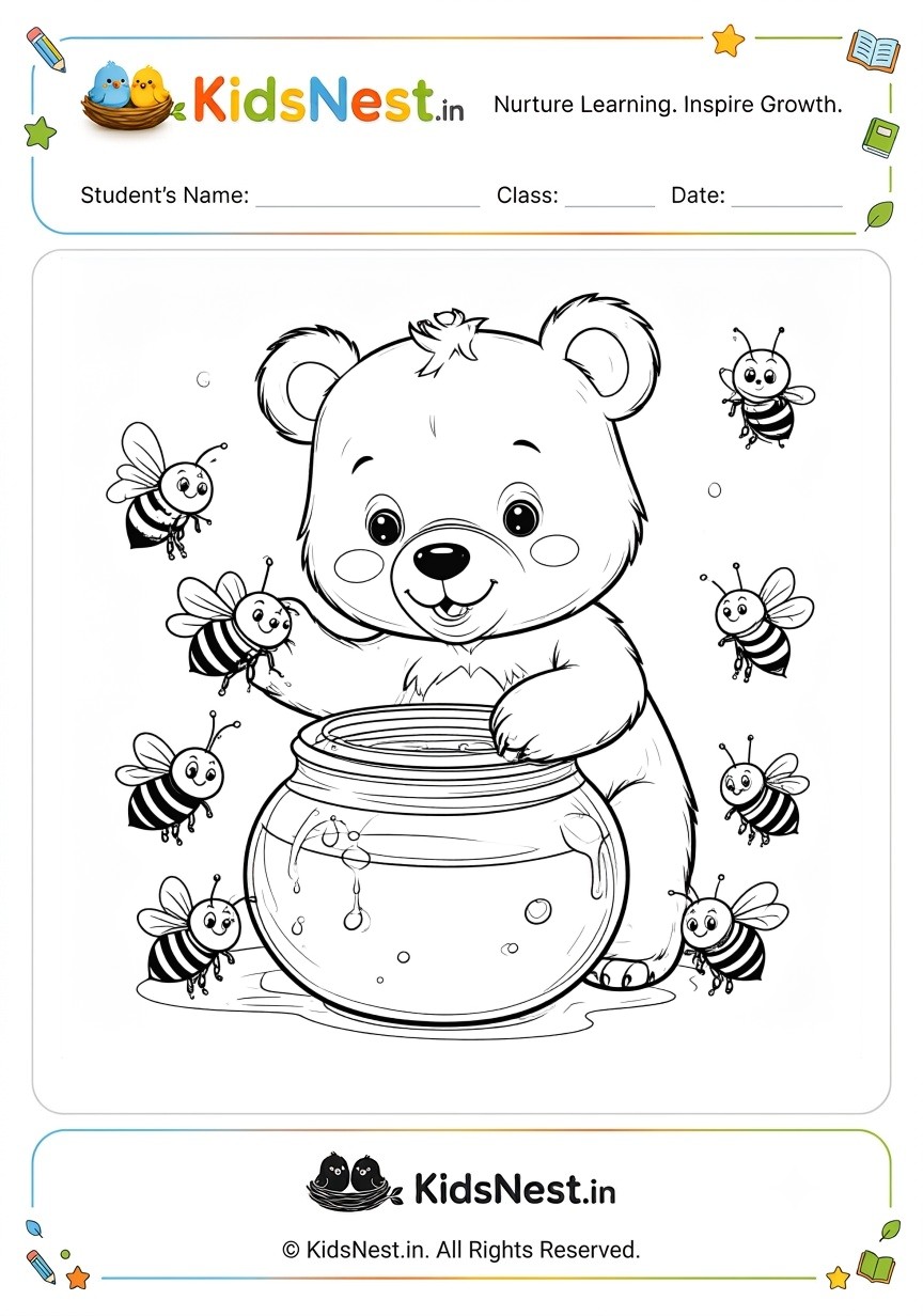 Printable Bear and Honey Bees Coloring Worksheet for Kids