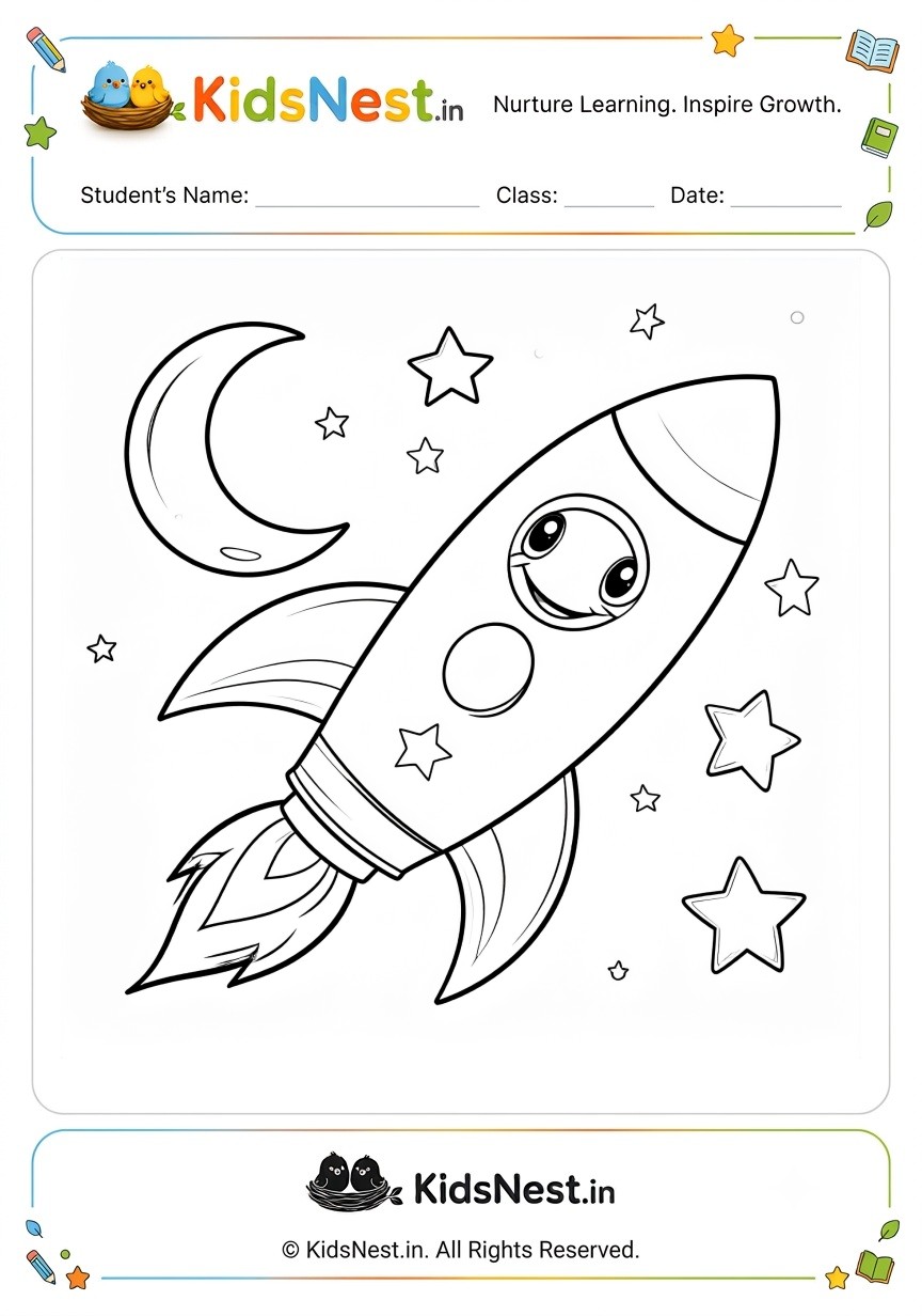 Free Printable Cartoon Rocket Ship Coloring Worksheet for Kids