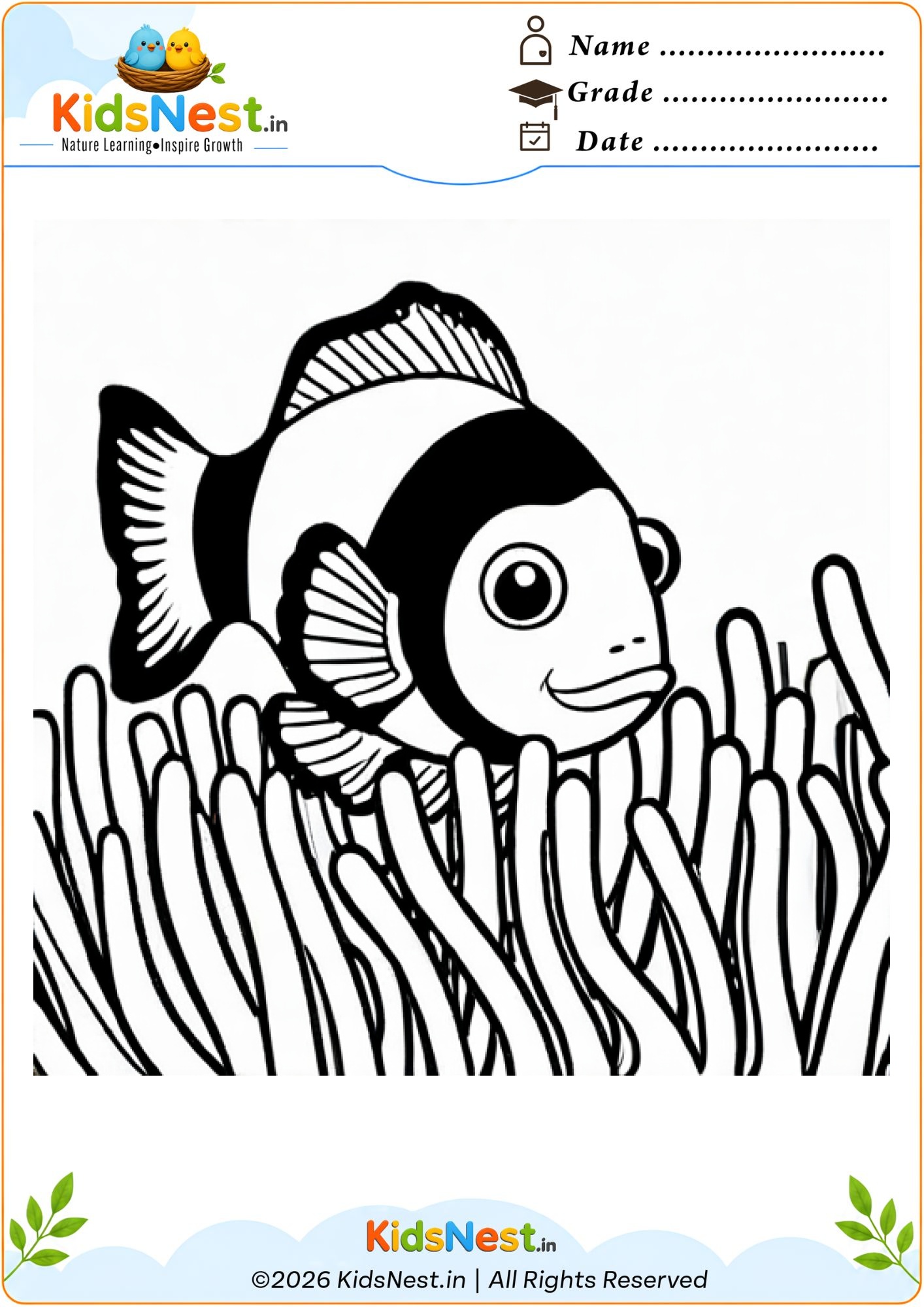 Printable Clownfish in Anemone Coloring Worksheet for Kids