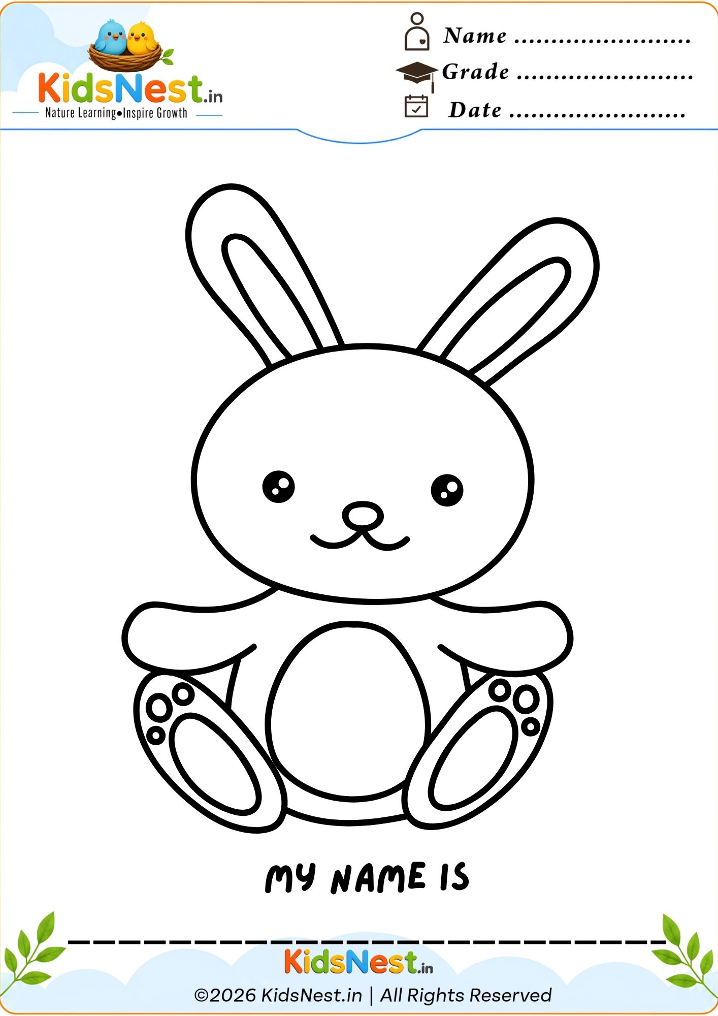 Cute Bunny Coloring Worksheet for Kids | Printable PDF