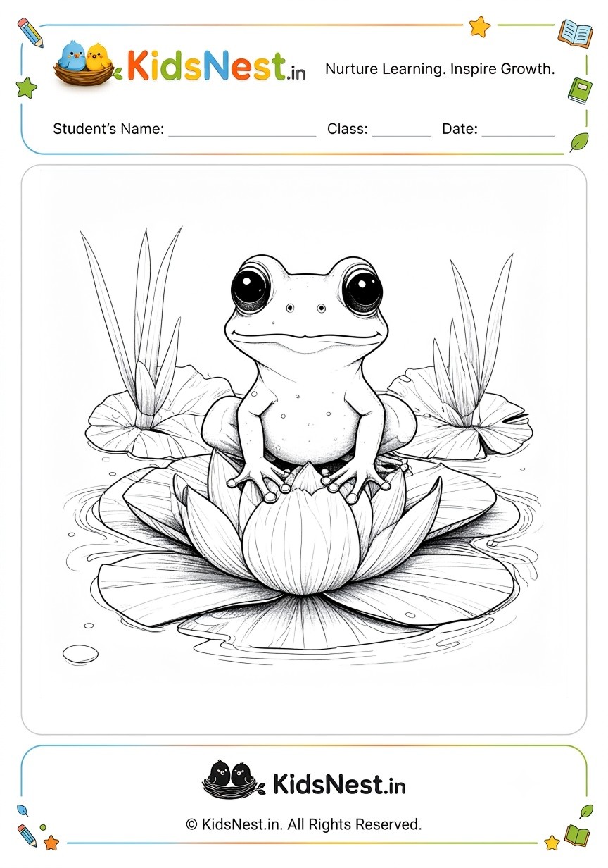 Coloring Worksheet: Cute Frog on Lily Pad