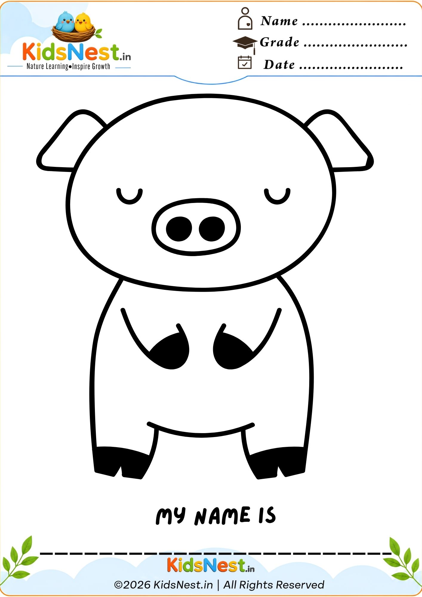 Printable Cute Pig Coloring Worksheet for Kids | Free PDF