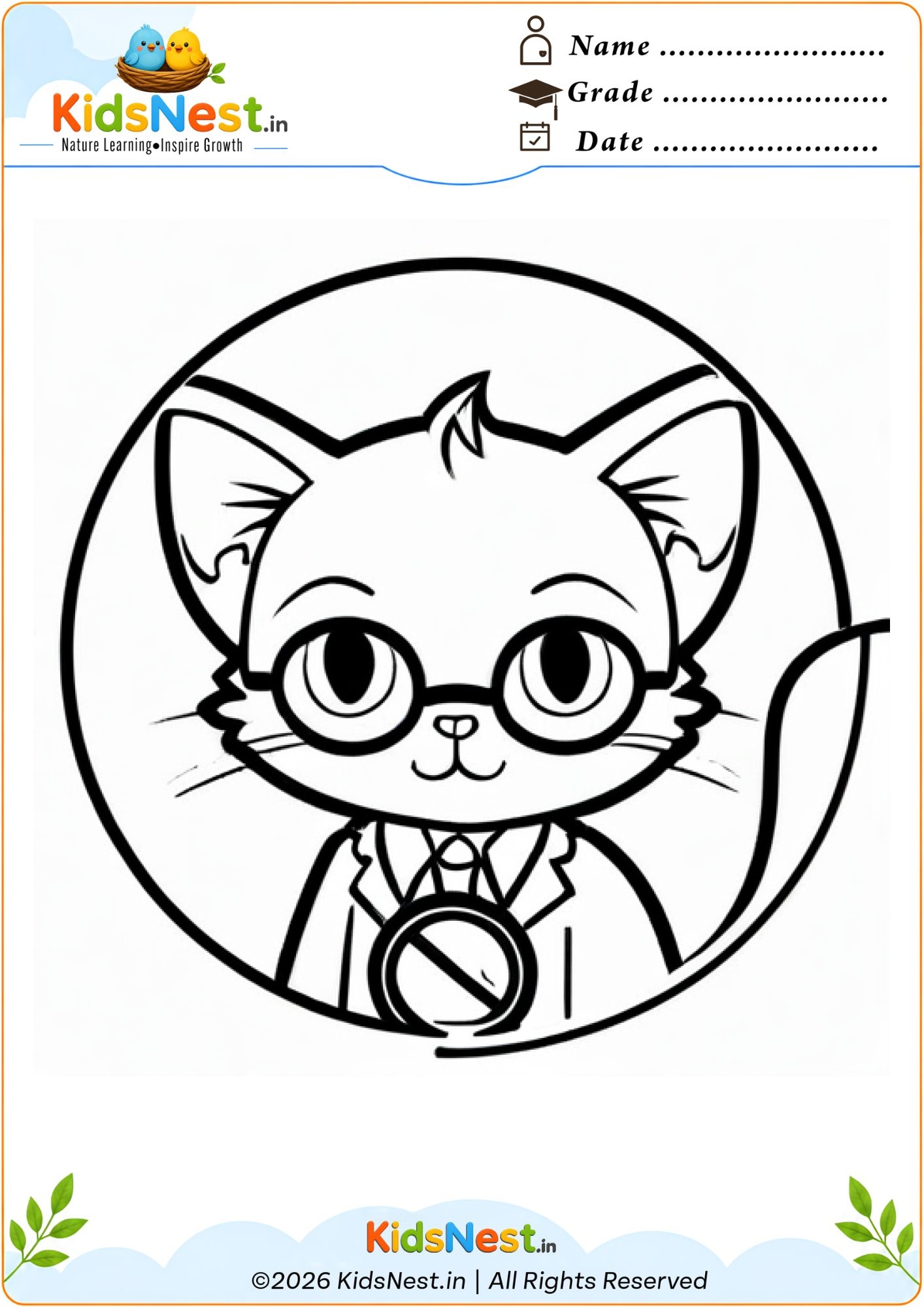Intelligent Professor Cat Coloring Worksheet for Kids