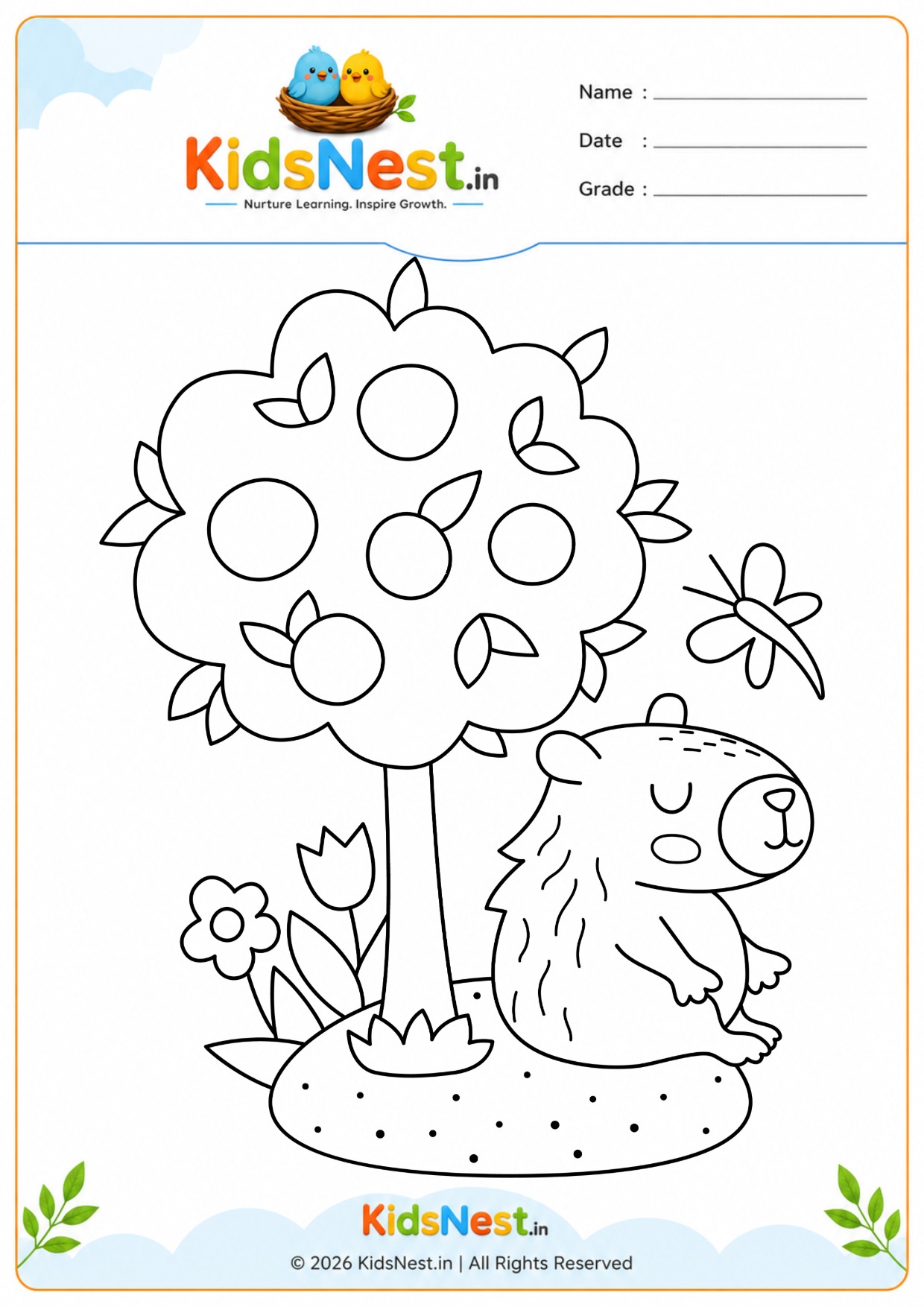 Printable Hedgehog and Fruit Tree Coloring Page for Kids