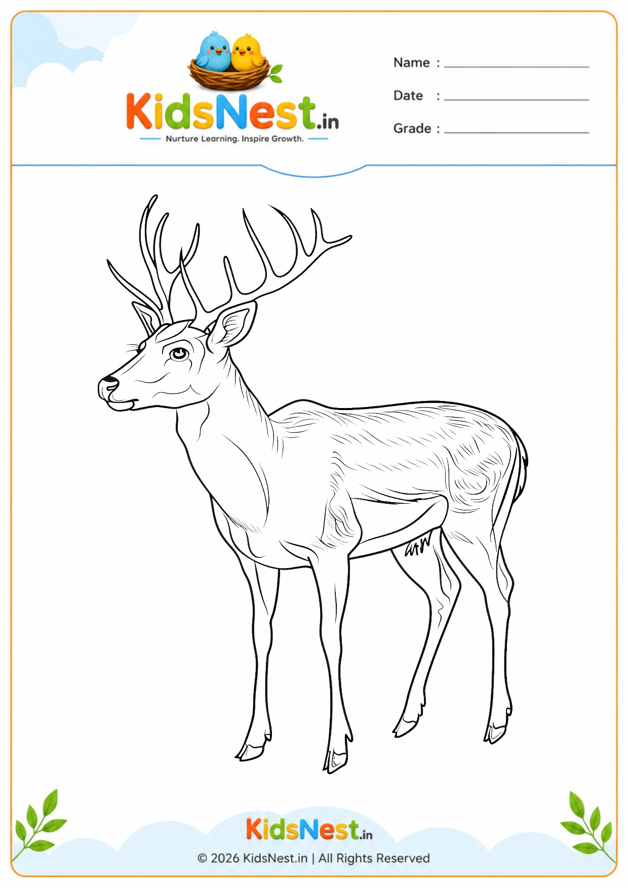 Majestic Deer Coloring Worksheet for Kids | Free Printable