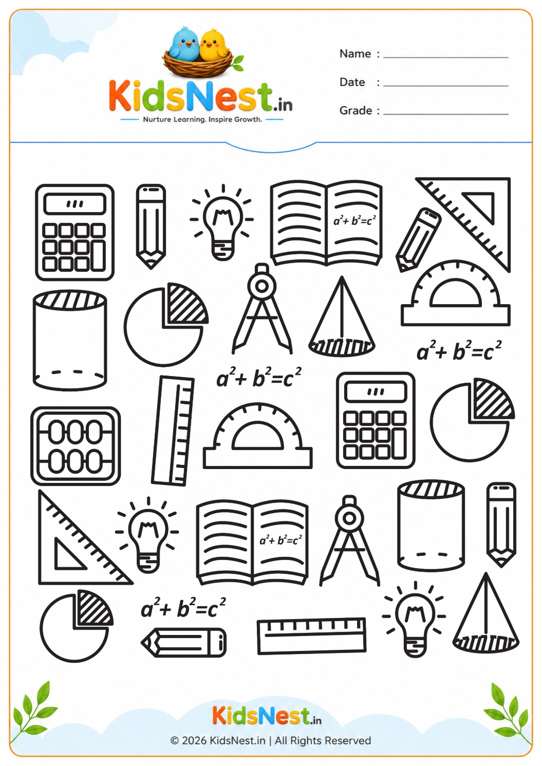 Printable School Supplies & Math Coloring Worksheet for Kids